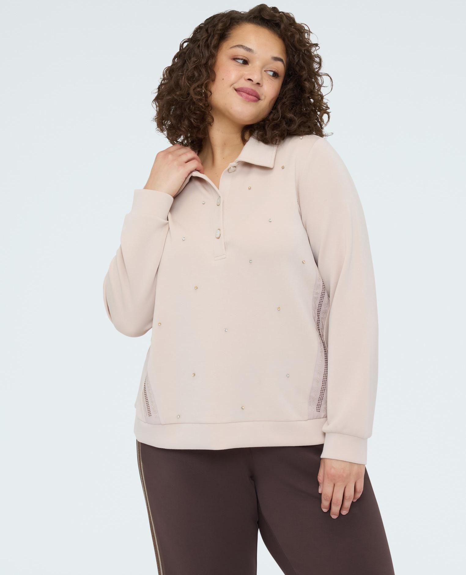 Sudadera de mujer polo con aplicaciones luminosas aplicaciones luminosas y bandas de strass en los laterales - Fiorella Rubino - Rosa Rosa-1