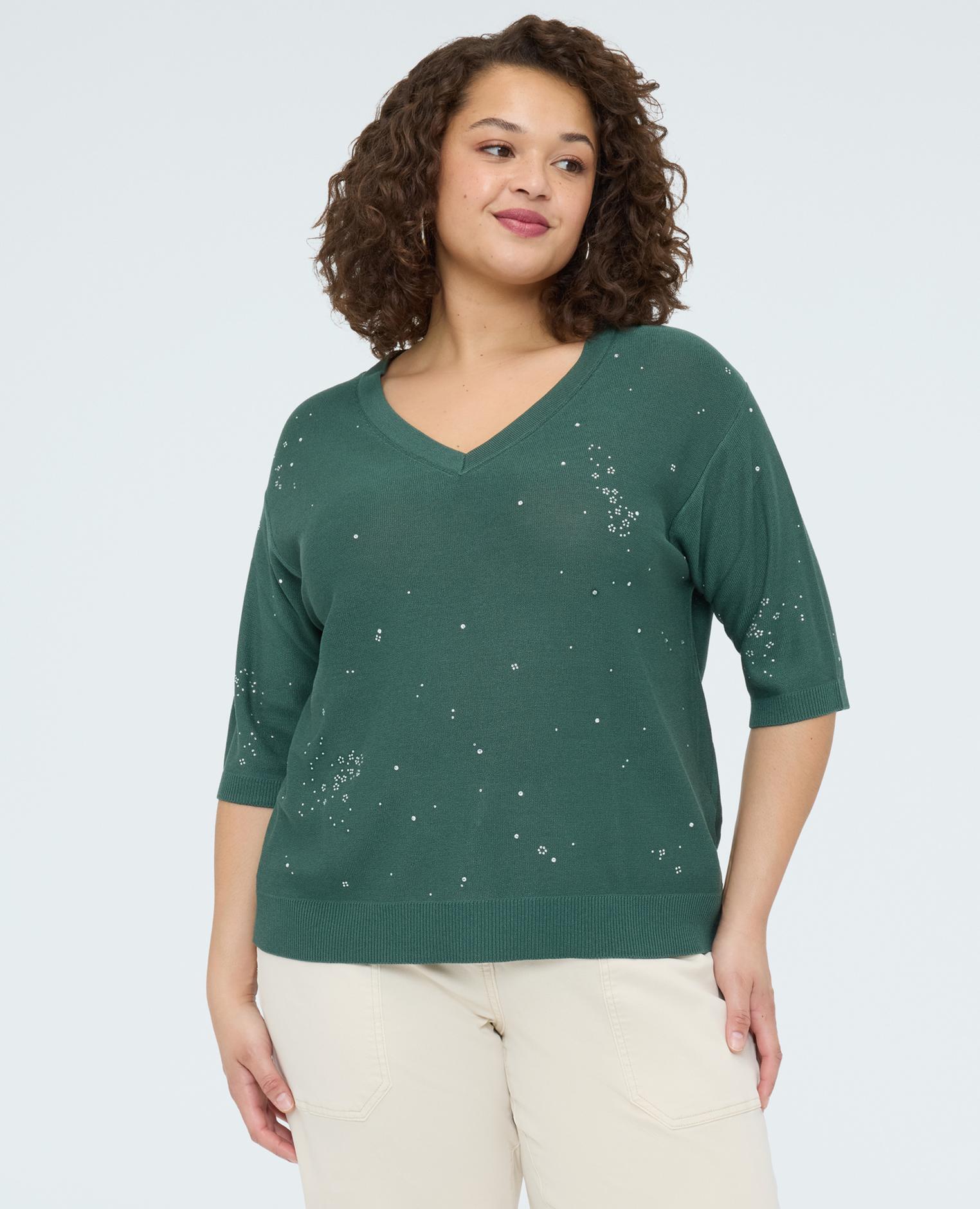 Jersey de mujer mezcla viscosa con aplicaciones luminosas mangas cortas - Fiorella Rubino - Verde claro Verde claro-1