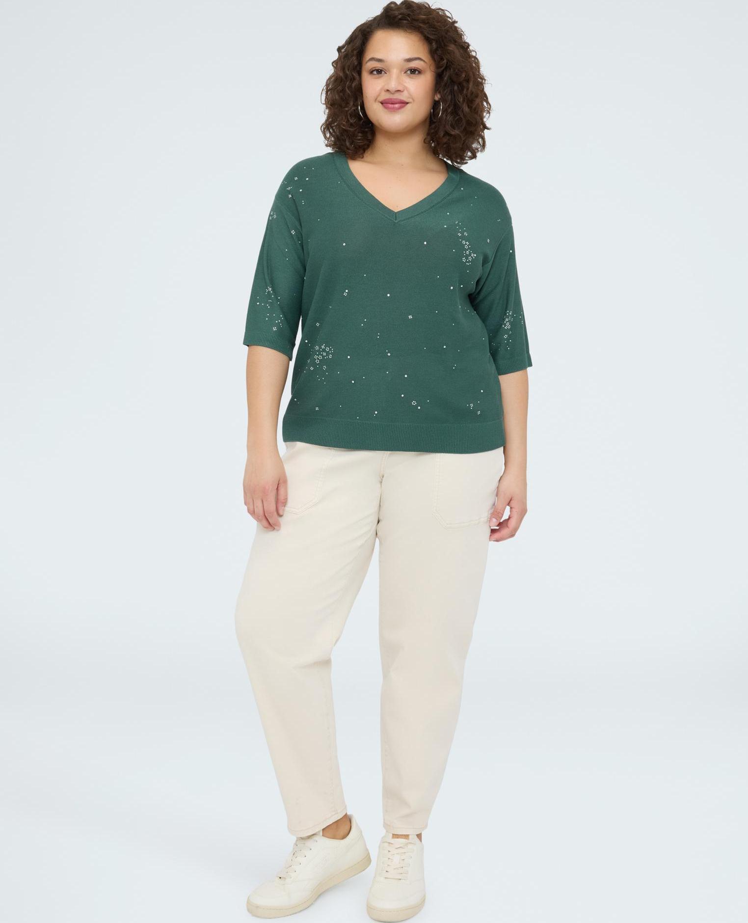 Jersey de mujer mezcla viscosa con aplicaciones luminosas mangas cortas - Fiorella Rubino - Verde claro Verde claro-3