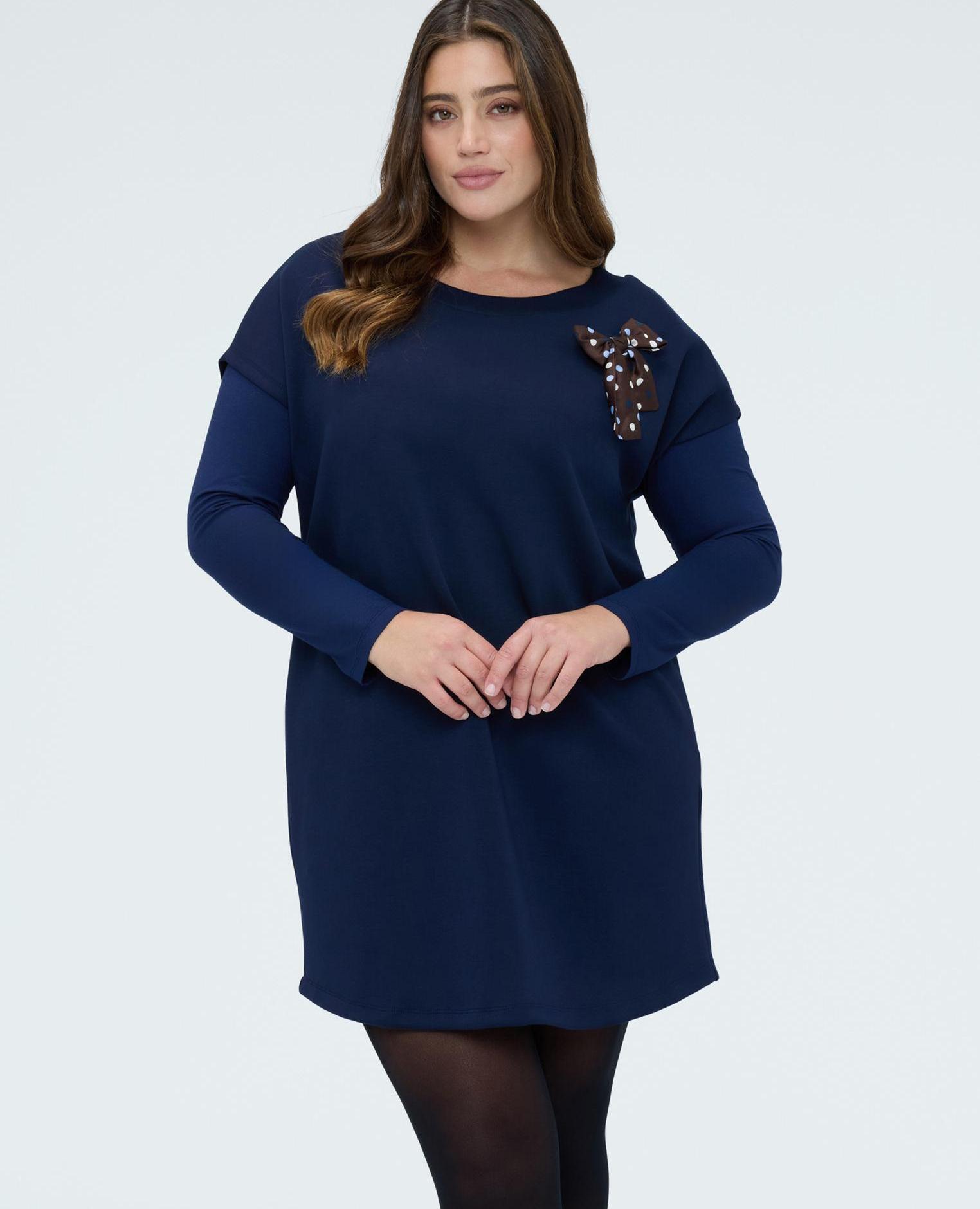 Vestido corto con lazo de lunares aplicación decorativa con lazo - Fiorella Rubino - Azul Azul-3