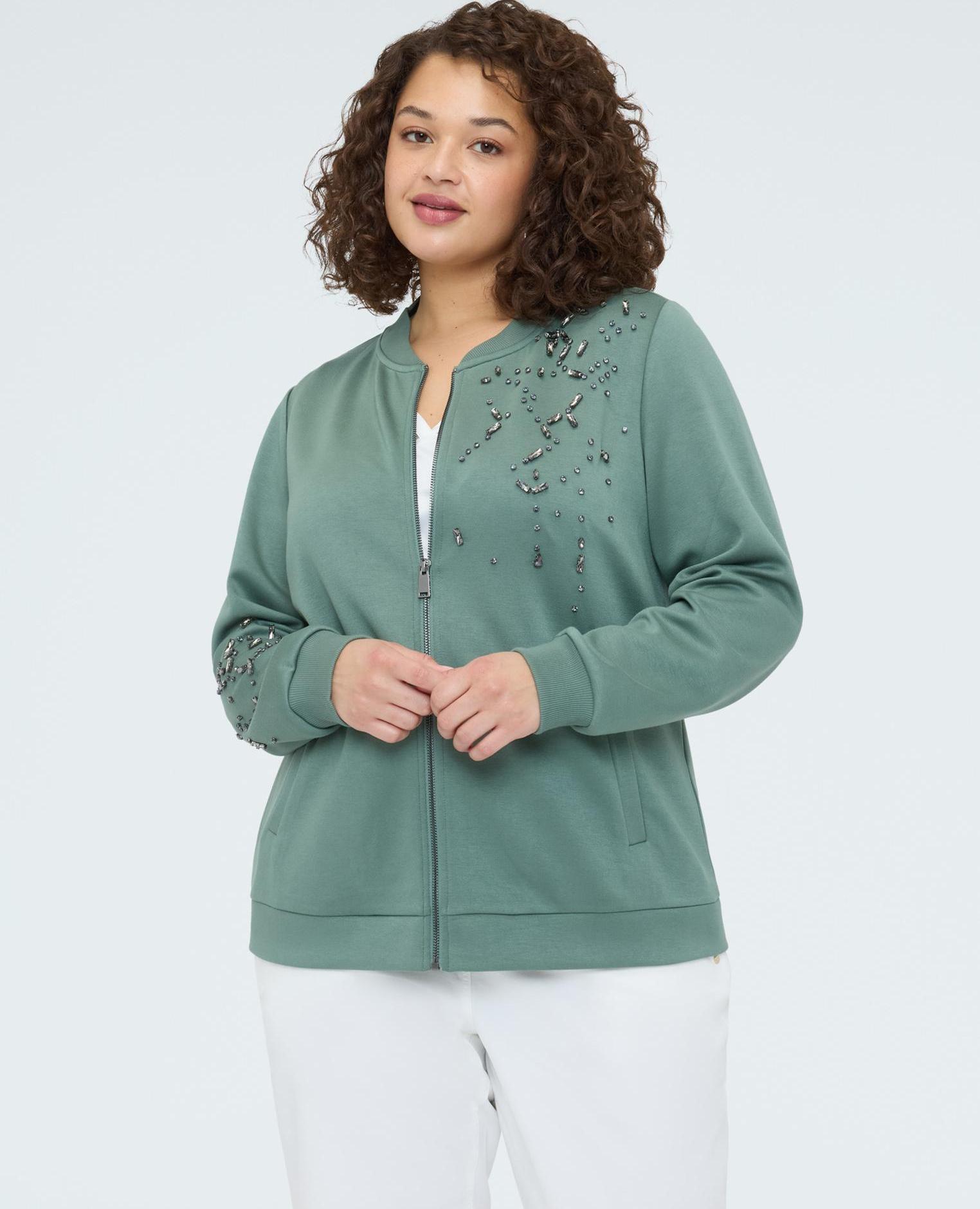 Sudadera de mujer bomber con aplicaciones luminosas embellecidas con aplicaciones decorativas en el delantero y en la manga - Fiorella Rubino - Verde militar Verde militar-1