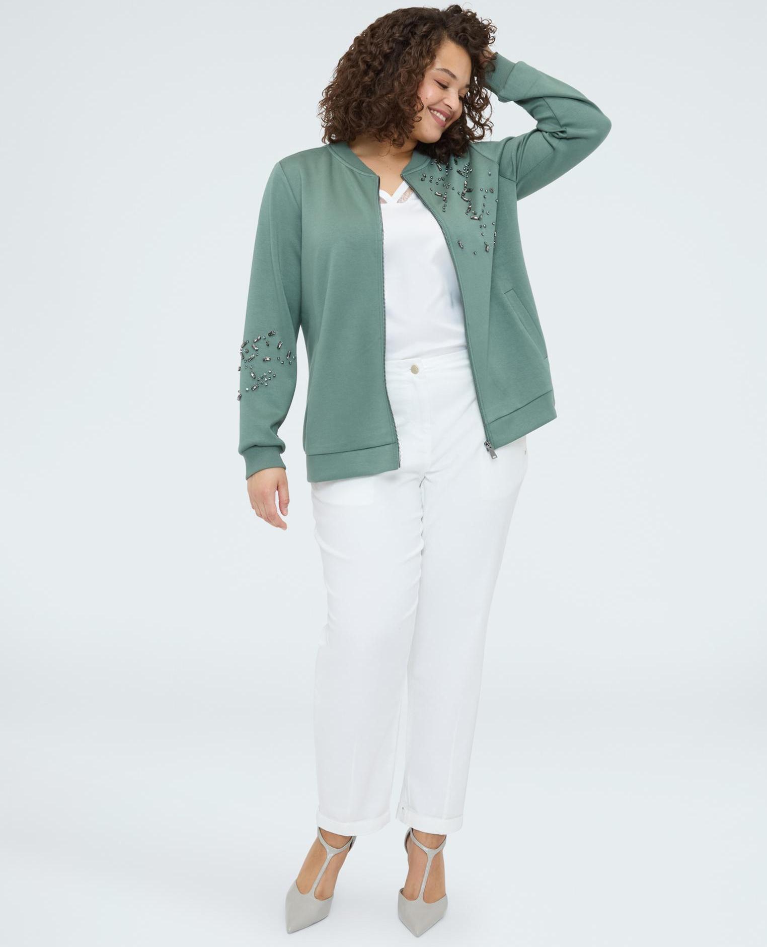 Sudadera de mujer bomber con aplicaciones luminosas embellecidas con aplicaciones decorativas en el delantero y en la manga - Fiorella Rubino - Verde militar Verde militar-3
