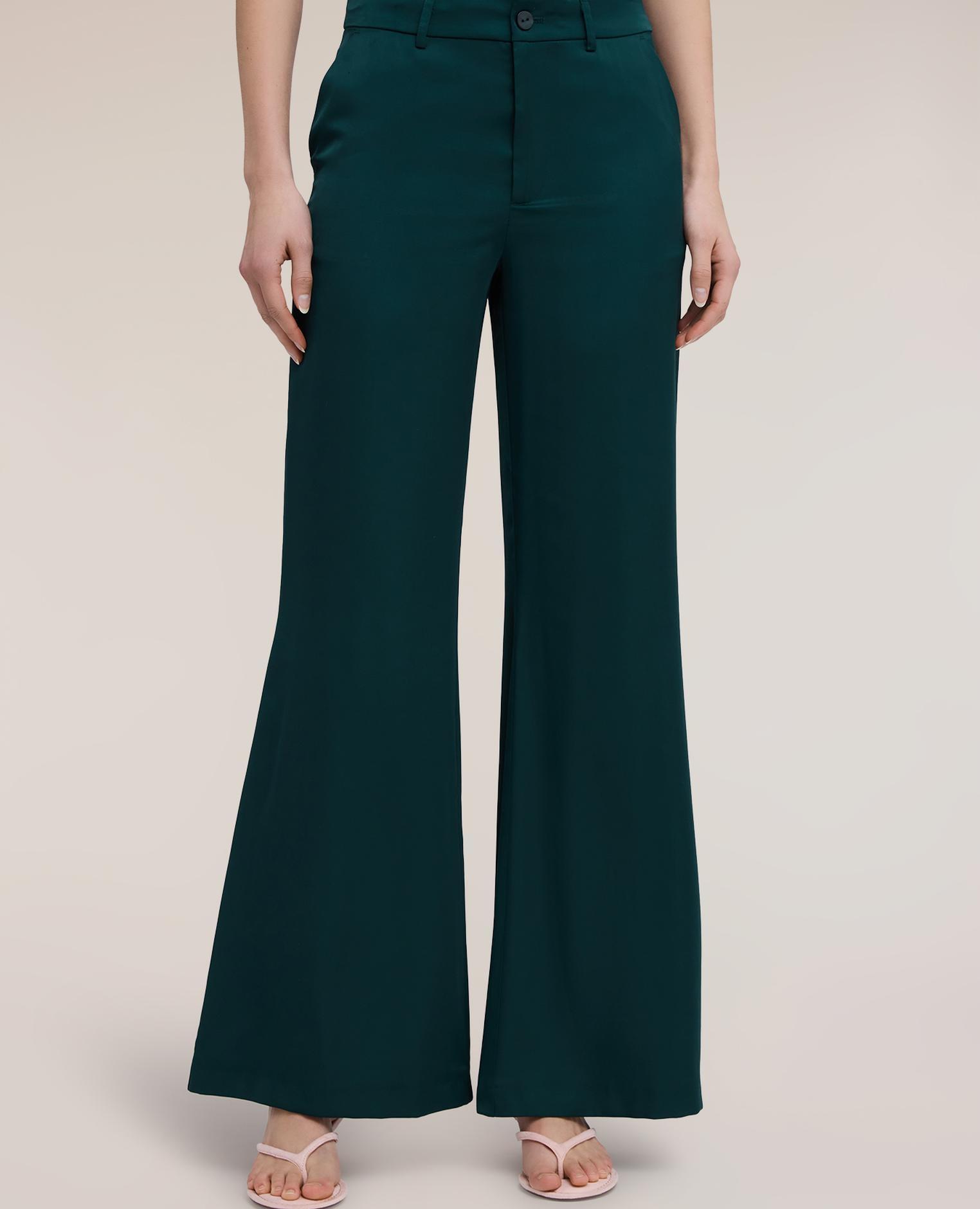 Pantalones de mujer palazzo de satén ajuste acampanado cierre frontal con botón y cremallera - Motivi - Verde Verde-1