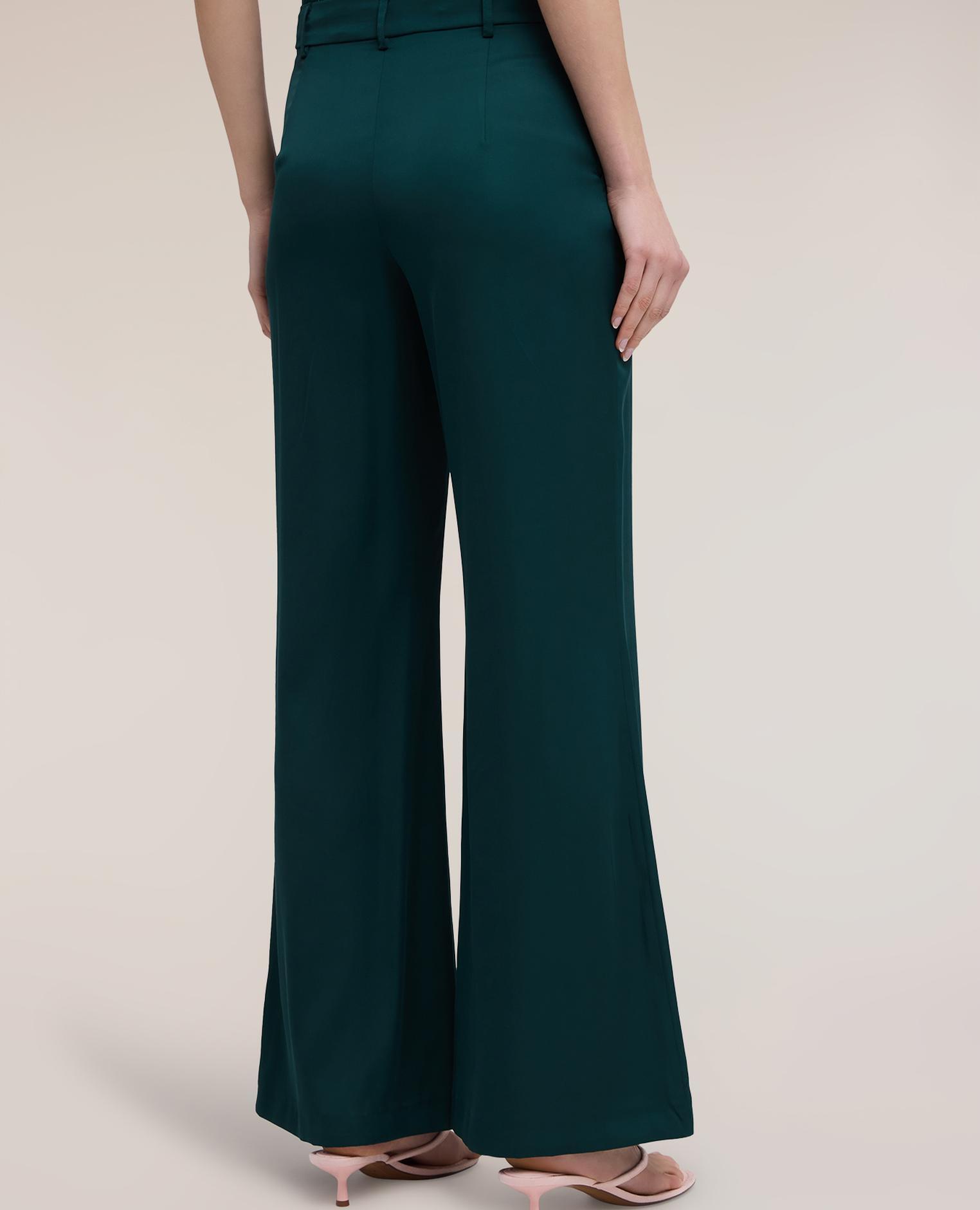 Pantalones de mujer palazzo de satén ajuste acampanado cierre frontal con botón y cremallera - Motivi - Verde Verde-2
