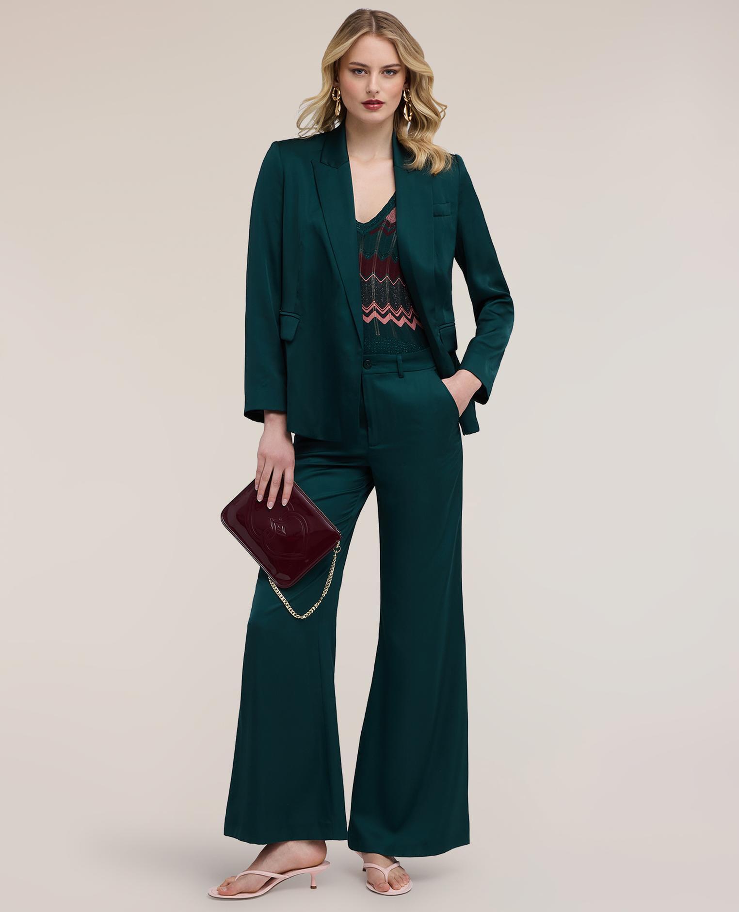 Pantalones de mujer palazzo de satén ajuste acampanado cierre frontal con botón y cremallera - Motivi - Verde Verde-3