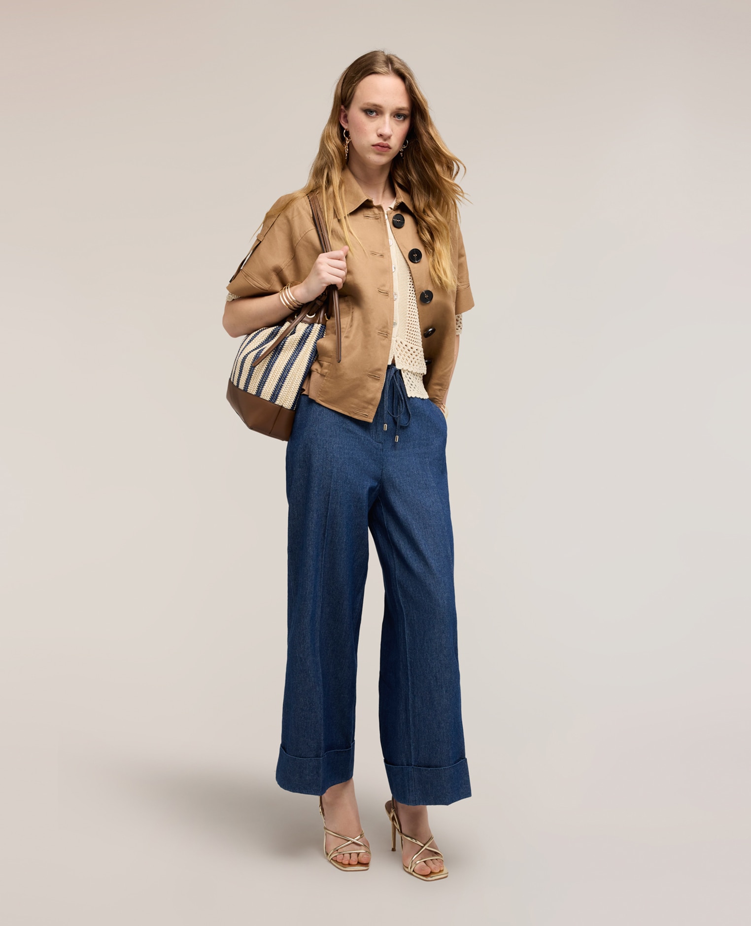 Vaqueros de mujer cropped palazzo con cordón cierre con cremallera y cordón con terminales metálicos - Motivi - Azul Azul-1