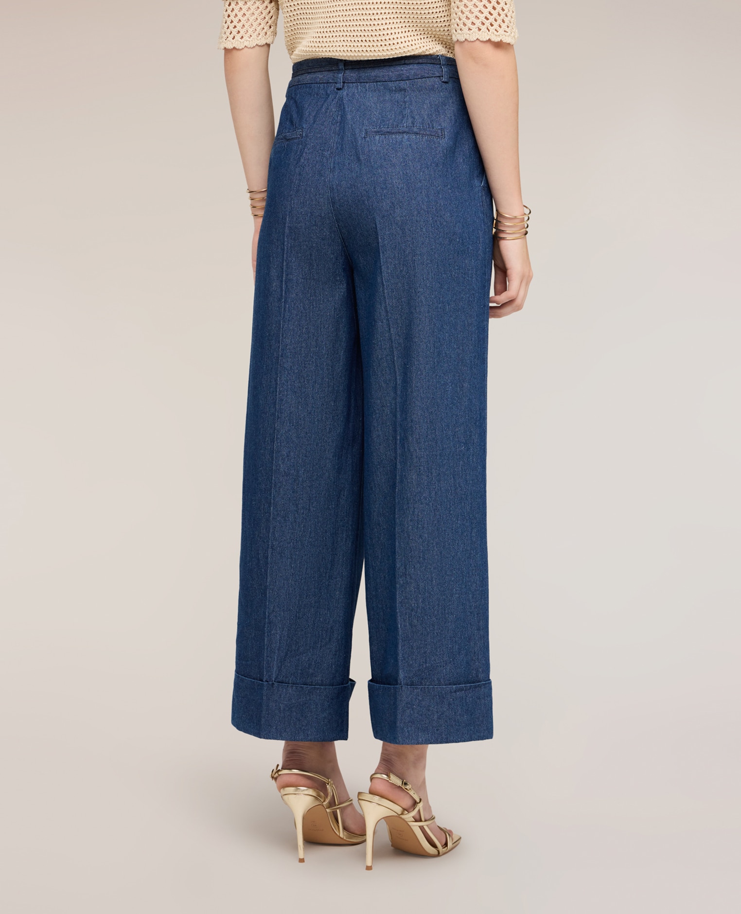 Vaqueros de mujer cropped palazzo con cordón cierre con cremallera y cordón con terminales metálicos - Motivi - Azul Azul-2