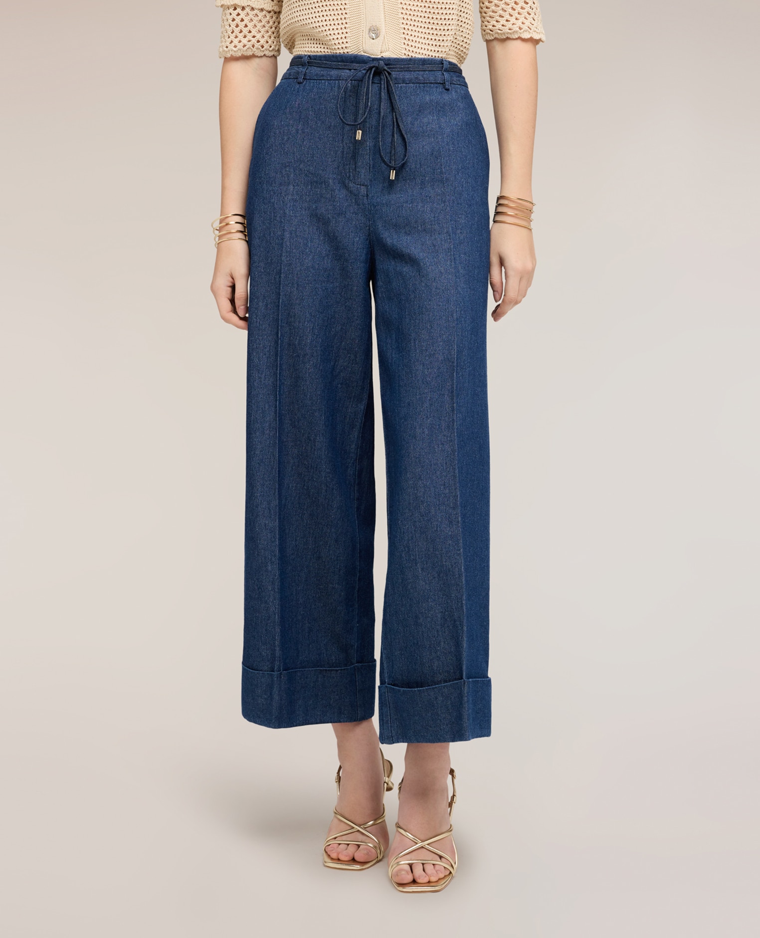 Vaqueros de mujer cropped palazzo con cordón cierre con cremallera y cordón con terminales metálicos - Motivi - Azul Azul-3