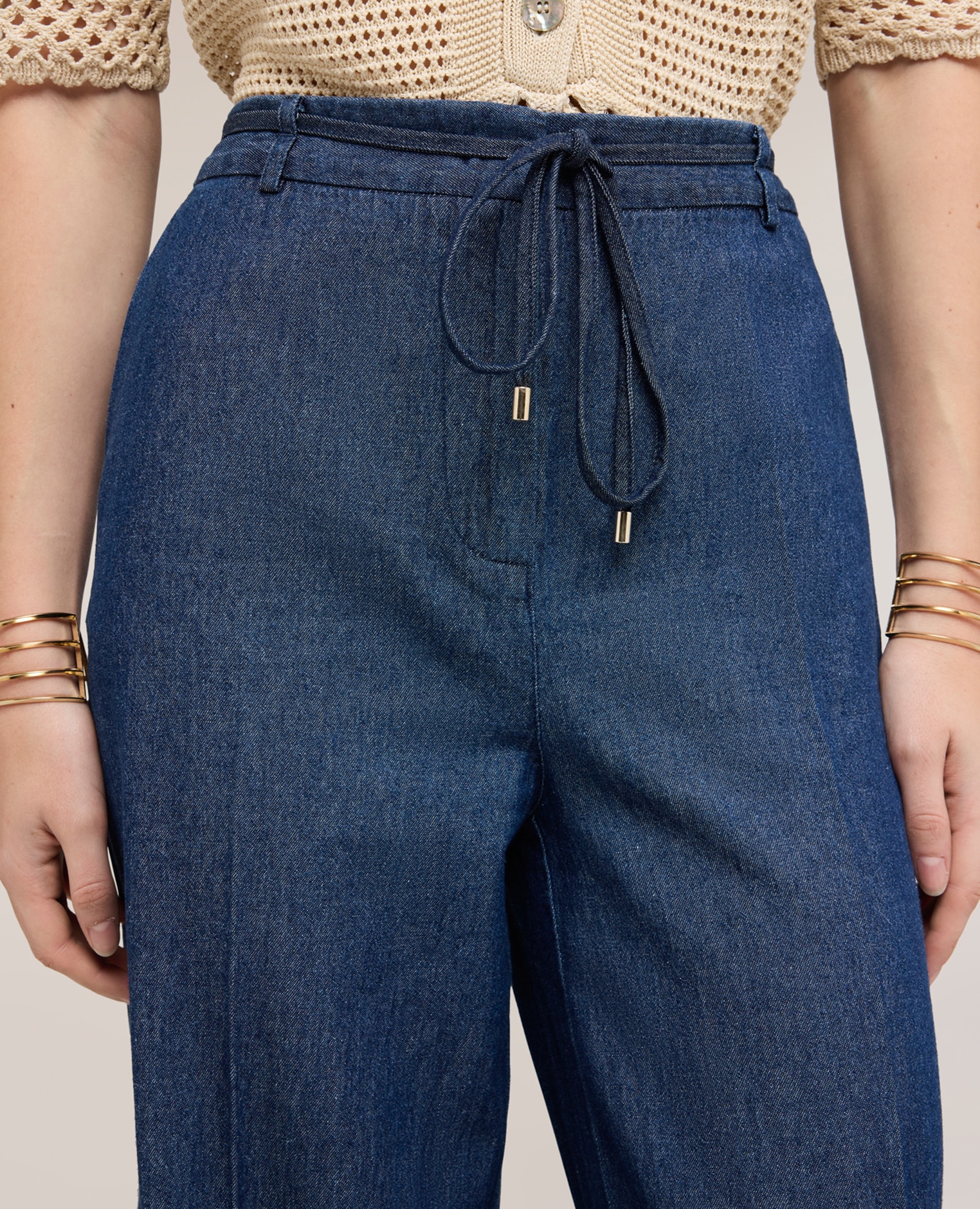 Vaqueros de mujer cropped palazzo con cordón cierre con cremallera y cordón con terminales metálicos - Motivi - Azul Azul-4