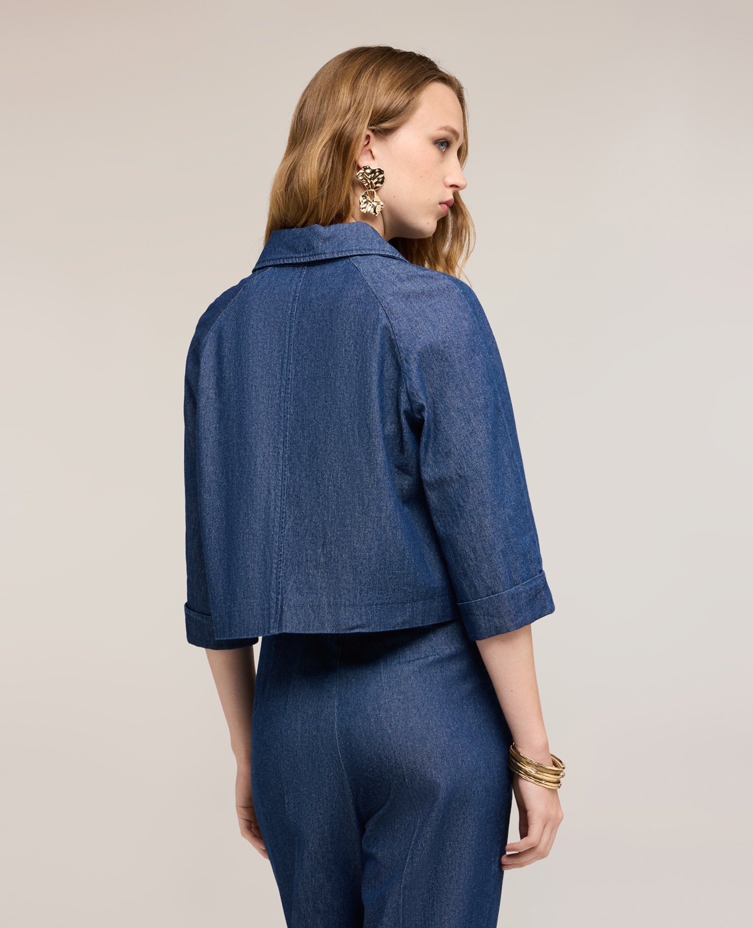 Blazer de mujer corto de doble botonadura en chambray ajuste regular cierre cruzado con botones - Motivi - Azul Azul-2