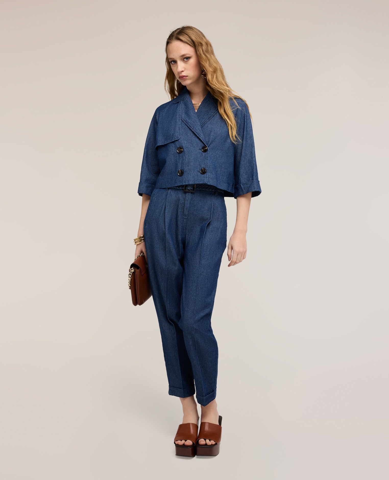 Blazer de mujer corto de doble botonadura en chambray ajuste regular cierre cruzado con botones - Motivi - Azul Azul-3