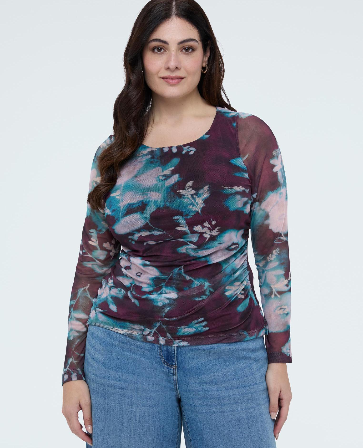 Camiseta de mujer de tul con estampado floral drapeado - Fiorella Rubino - Burdeos Burdeos-1