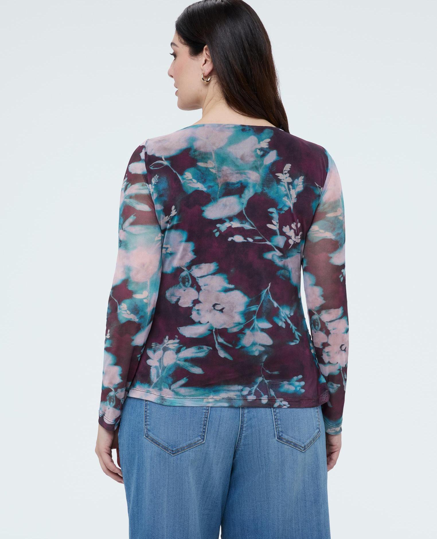 Camiseta de mujer de tul con estampado floral drapeado - Fiorella Rubino - Burdeos Burdeos-2