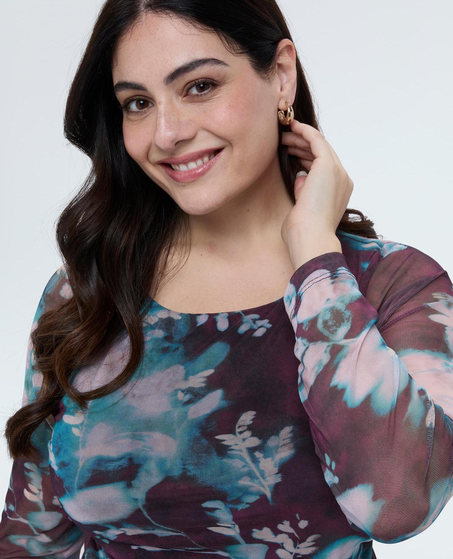 Camiseta de mujer de tul con estampado floral drapeado - Fiorella Rubino - Burdeos Burdeos-3