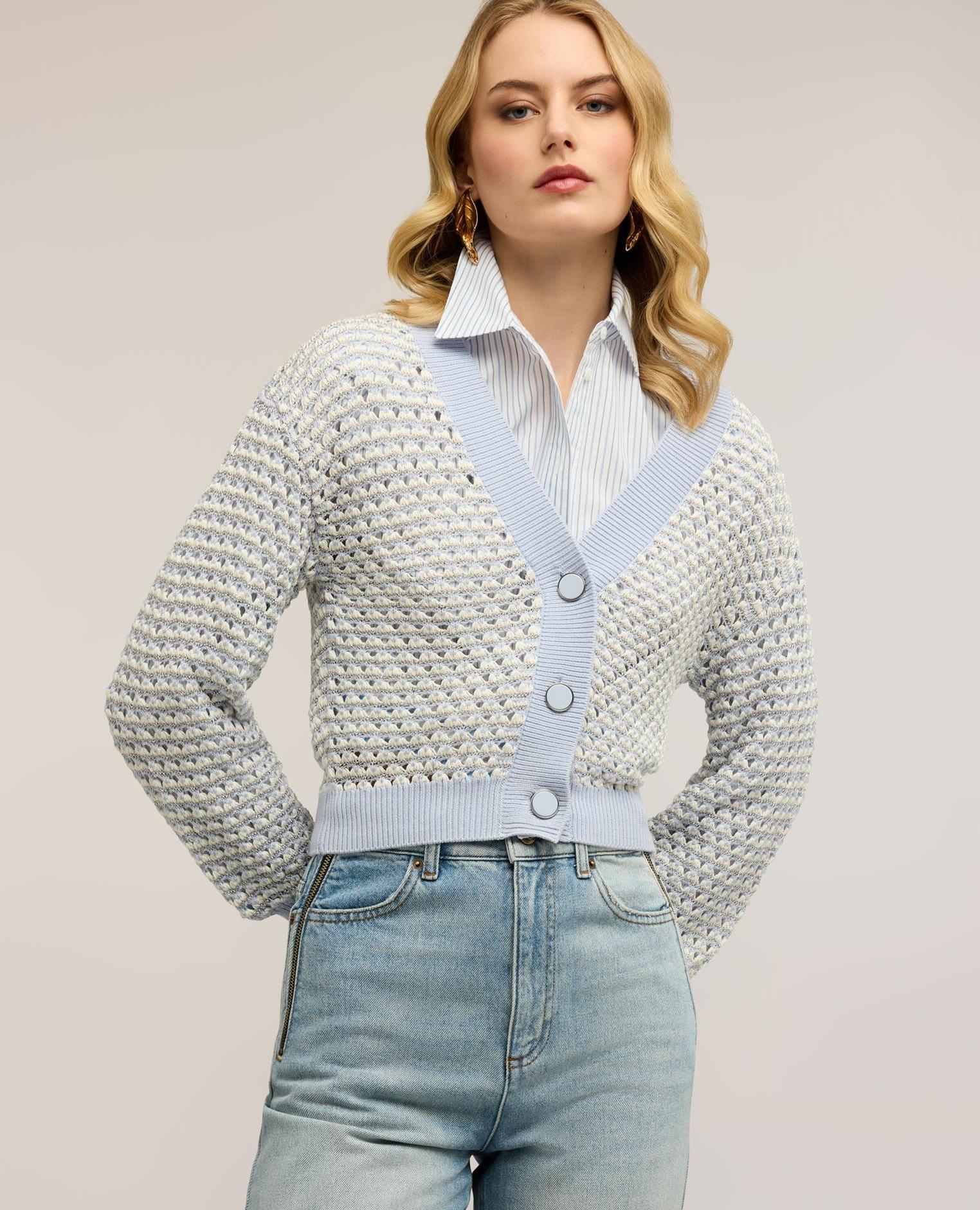 Chaqueta de mujer de punto corta en lurex calado modelo regular - Motivi - Azul claro Azul claro-1