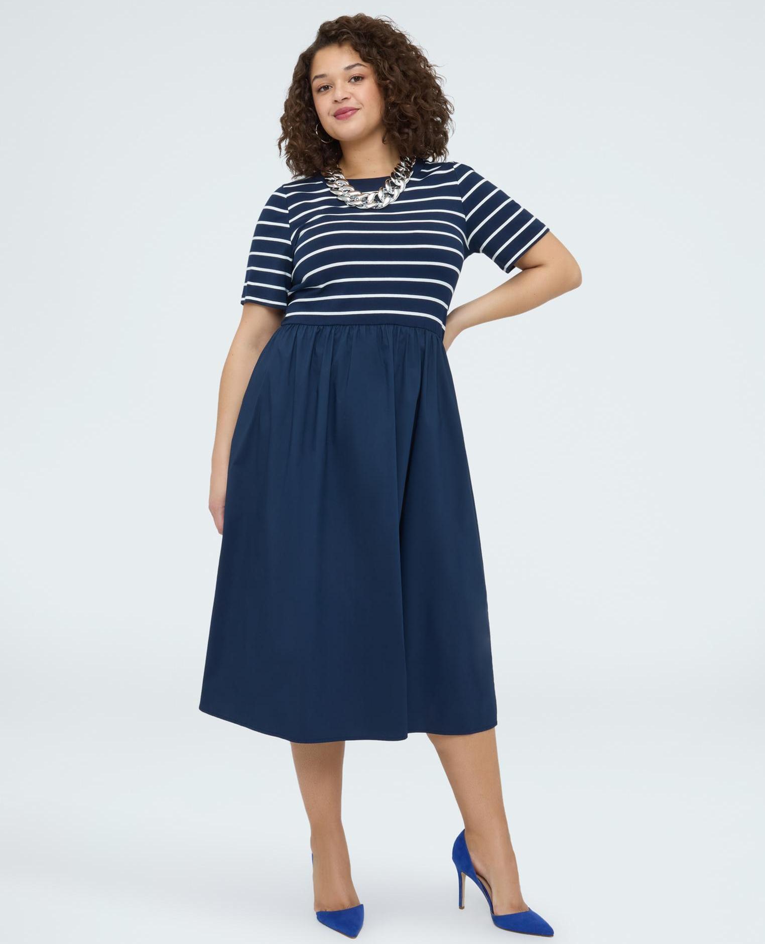 Fiorella Rubino - Vestido midi híbrido línea a escote redondo y mangas cortas.