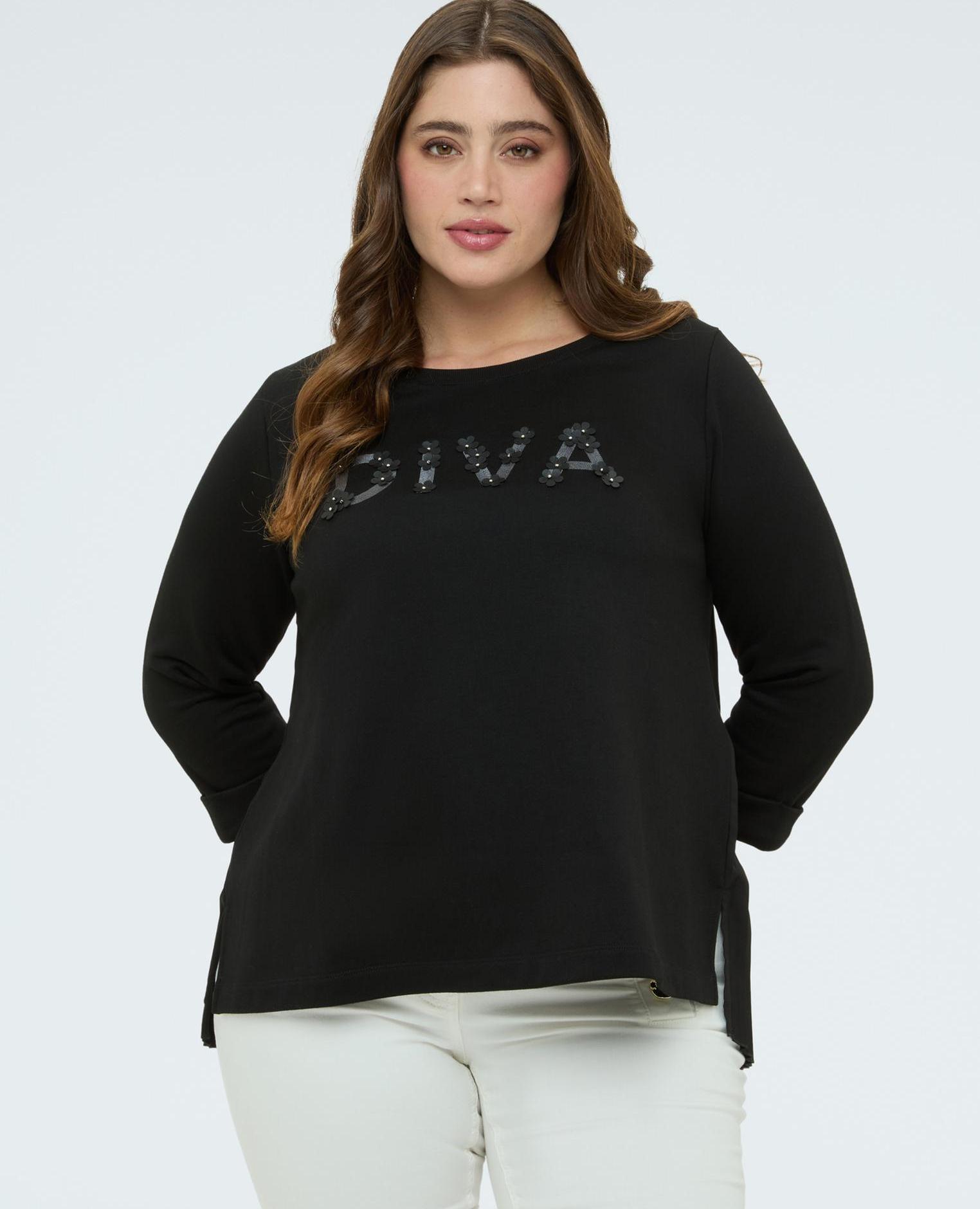 Sudadera de mujer con lettering en tejido revestido y bajo plisado mangas de tres cuartos y ajuste cómodo - Fiorella Rubino - Negro Negro-1