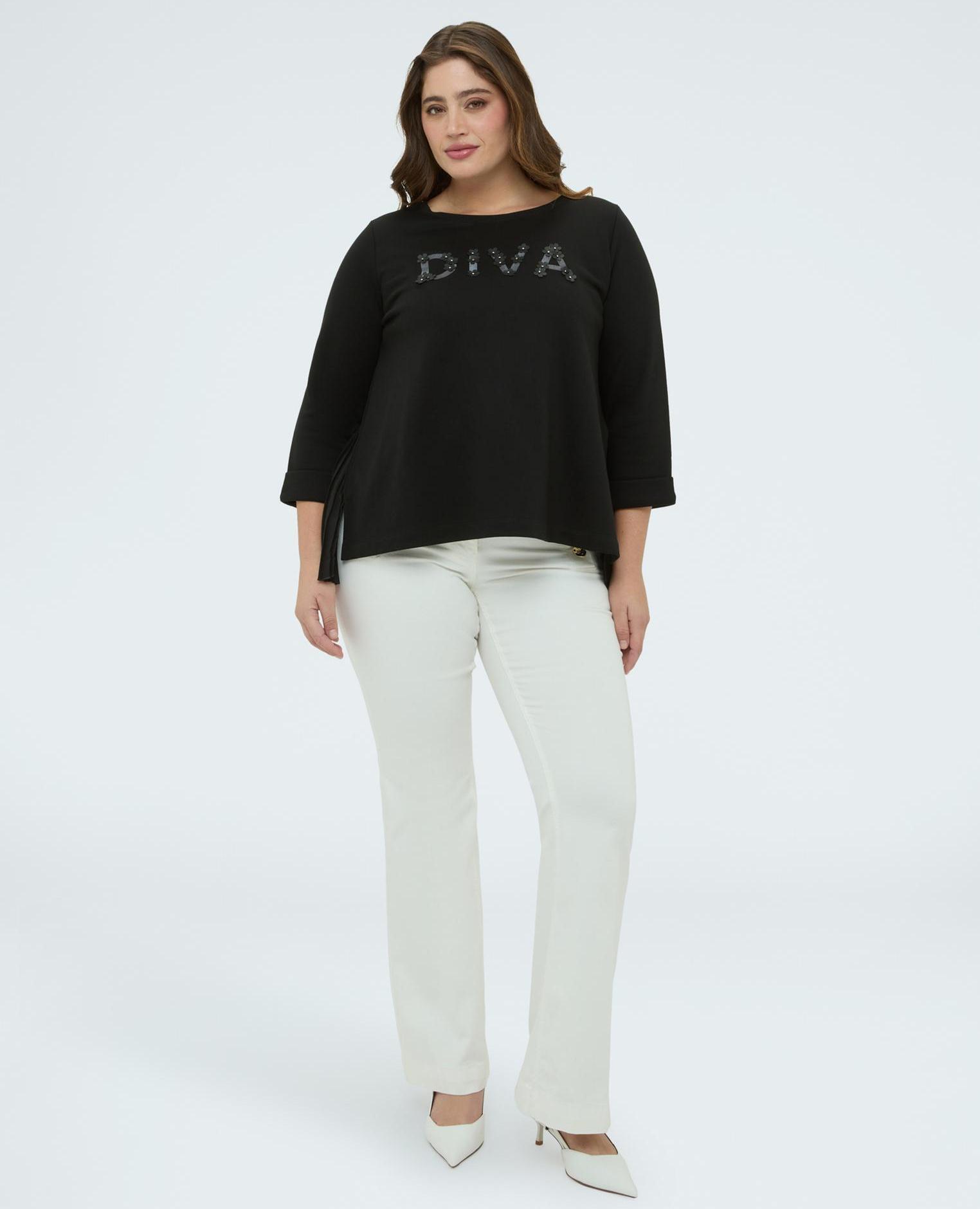 Sudadera de mujer con lettering en tejido revestido y bajo plisado mangas de tres cuartos y ajuste cómodo - Fiorella Rubino - Negro Negro-3