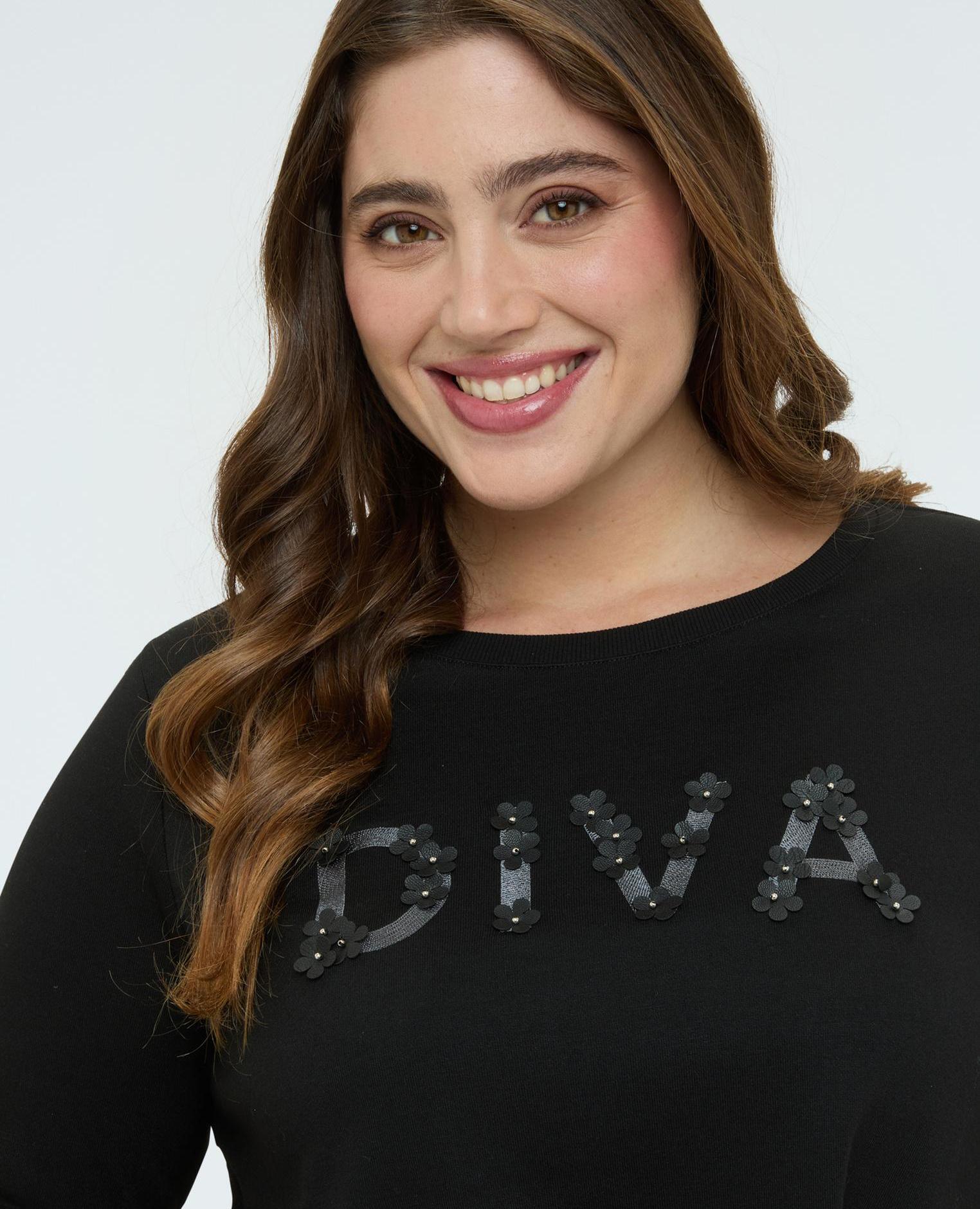 Sudadera de mujer con lettering en tejido revestido y bajo plisado mangas de tres cuartos y ajuste cómodo - Fiorella Rubino - Negro Negro-4