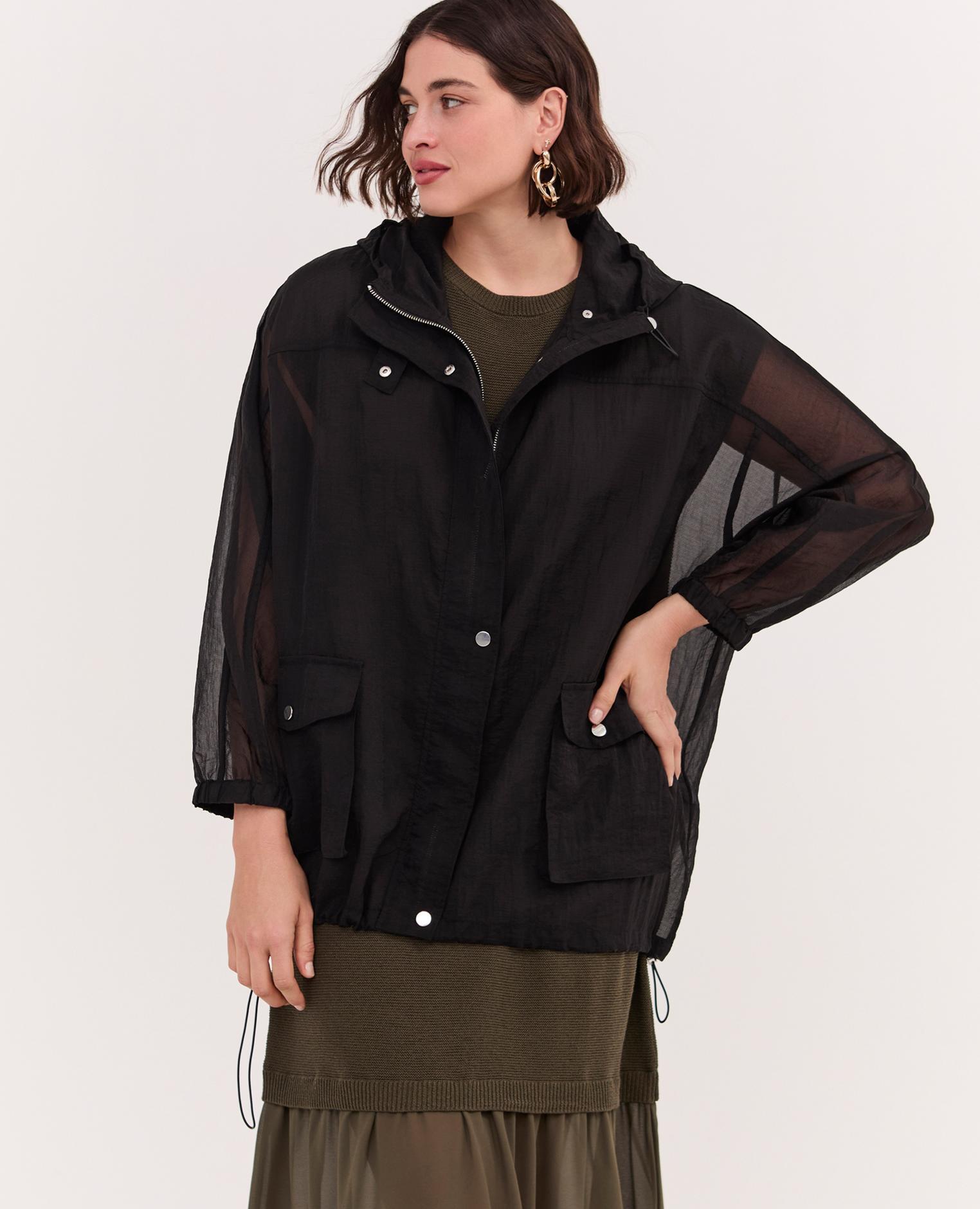Fiorella Rubino - Parka de mujer de voile con capucha amplios bolsillos aplicados con solapa y botón.