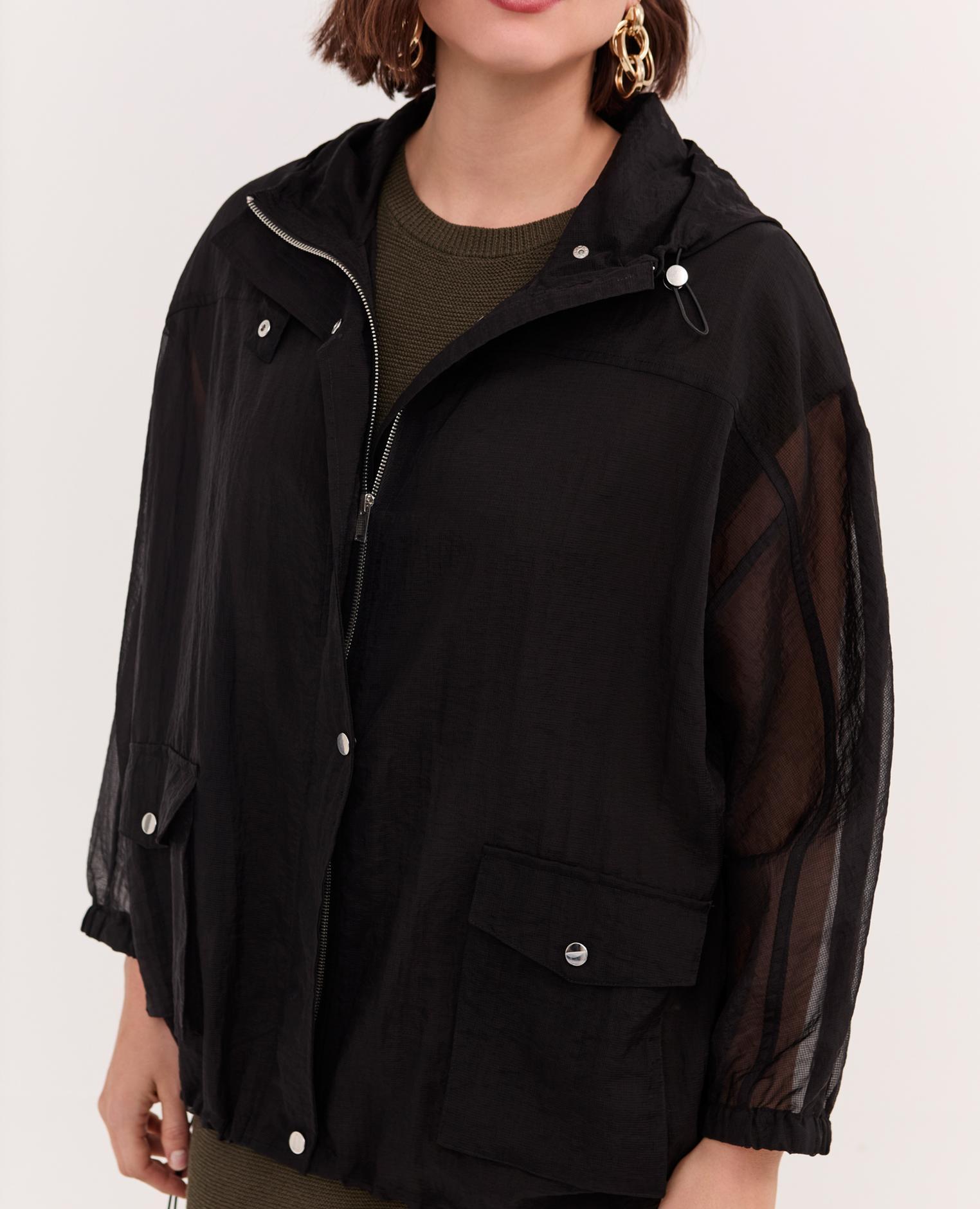 Parka de mujer de voile con capucha amplios bolsillos aplicados con solapa y botón - Fiorella Rubino - Negro Negro-3