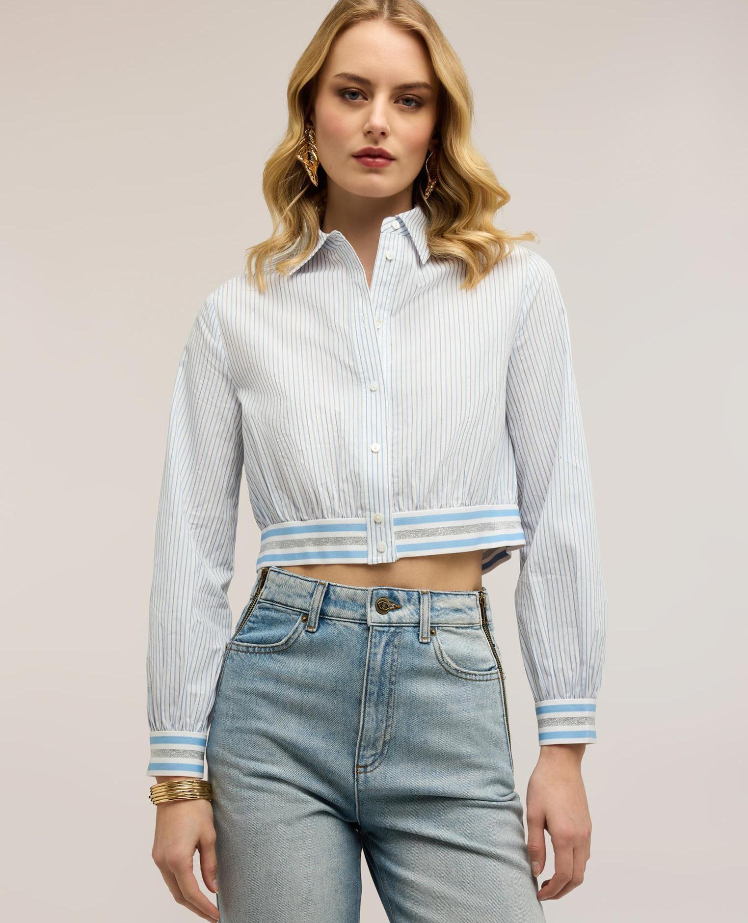 Camisa de mujer corta a rayas ajuste holgado con cierre frontal de botones - Motivi - Azul claro Azul claro-1