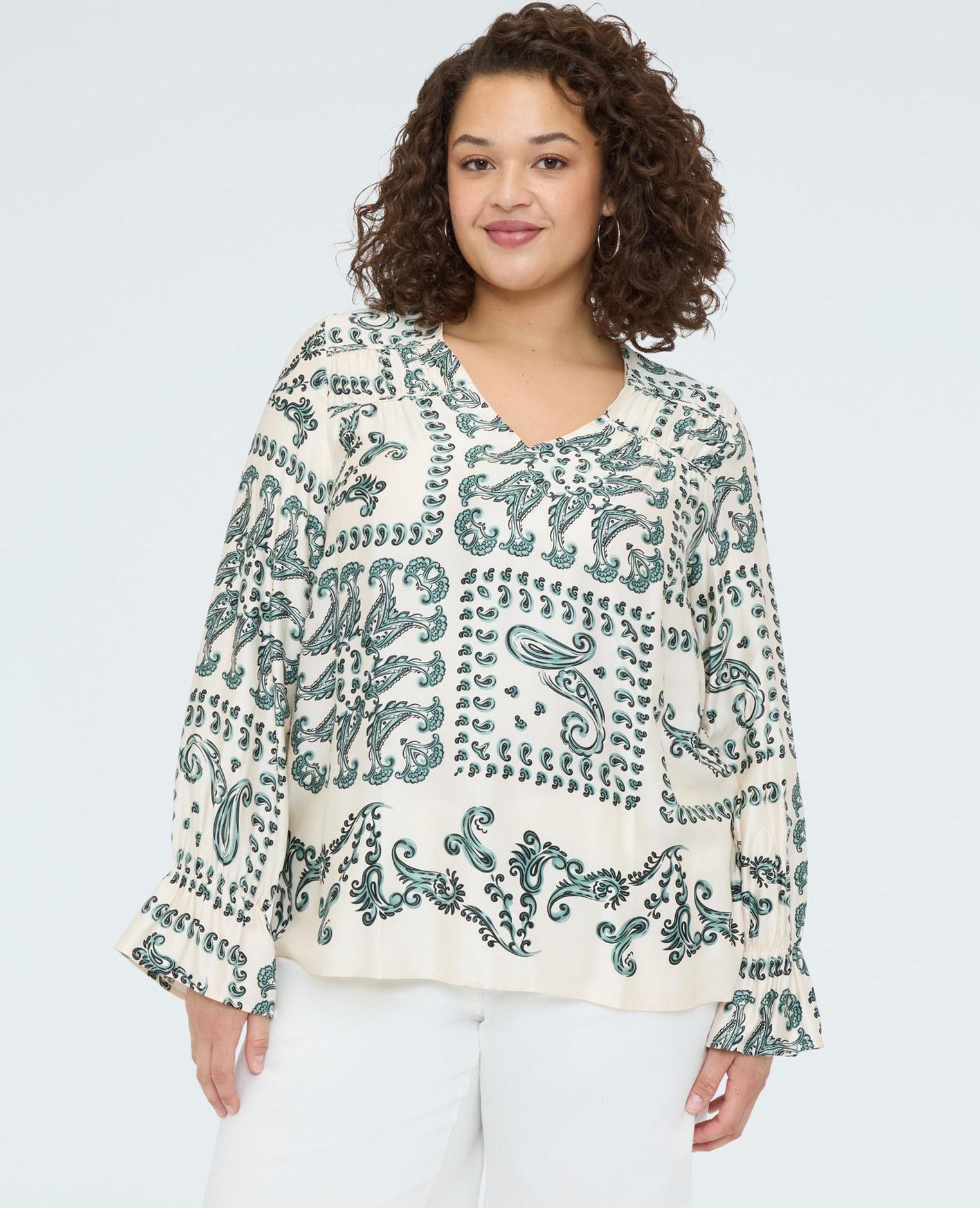 Blusa de mujer de raso con estampado paisley - Fiorella Rubino - Verde claro Verde claro-1