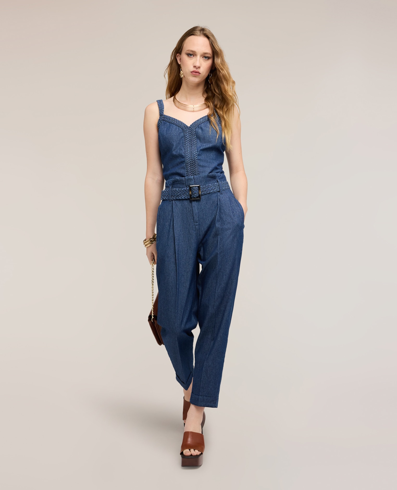 Top de mujer de denim con tirantes entrelazados cierre trasero con cremallera ajuste regular - Motivi - Azul Azul-3