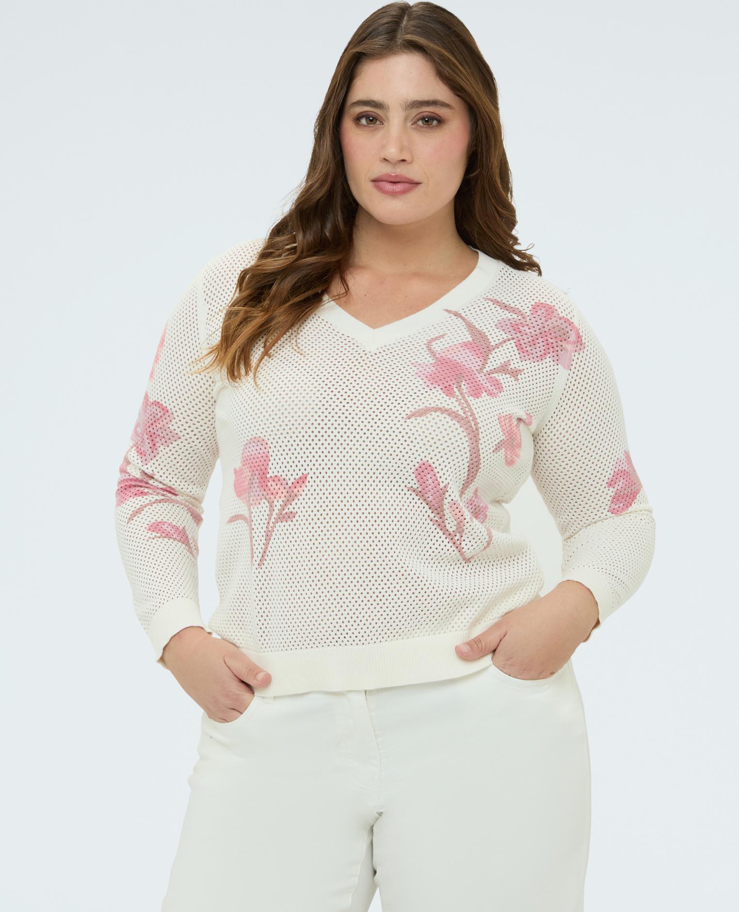 Jersey de mujer calado con estampado floral - Fiorella Rubino - Blanco Blanco-1