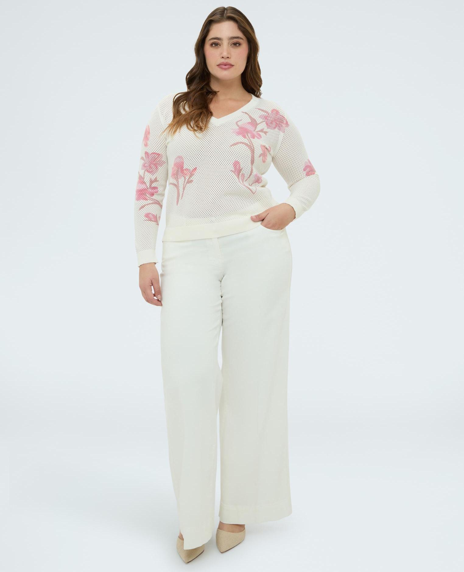 Jersey de mujer calado con estampado floral - Fiorella Rubino - Blanco Blanco-3