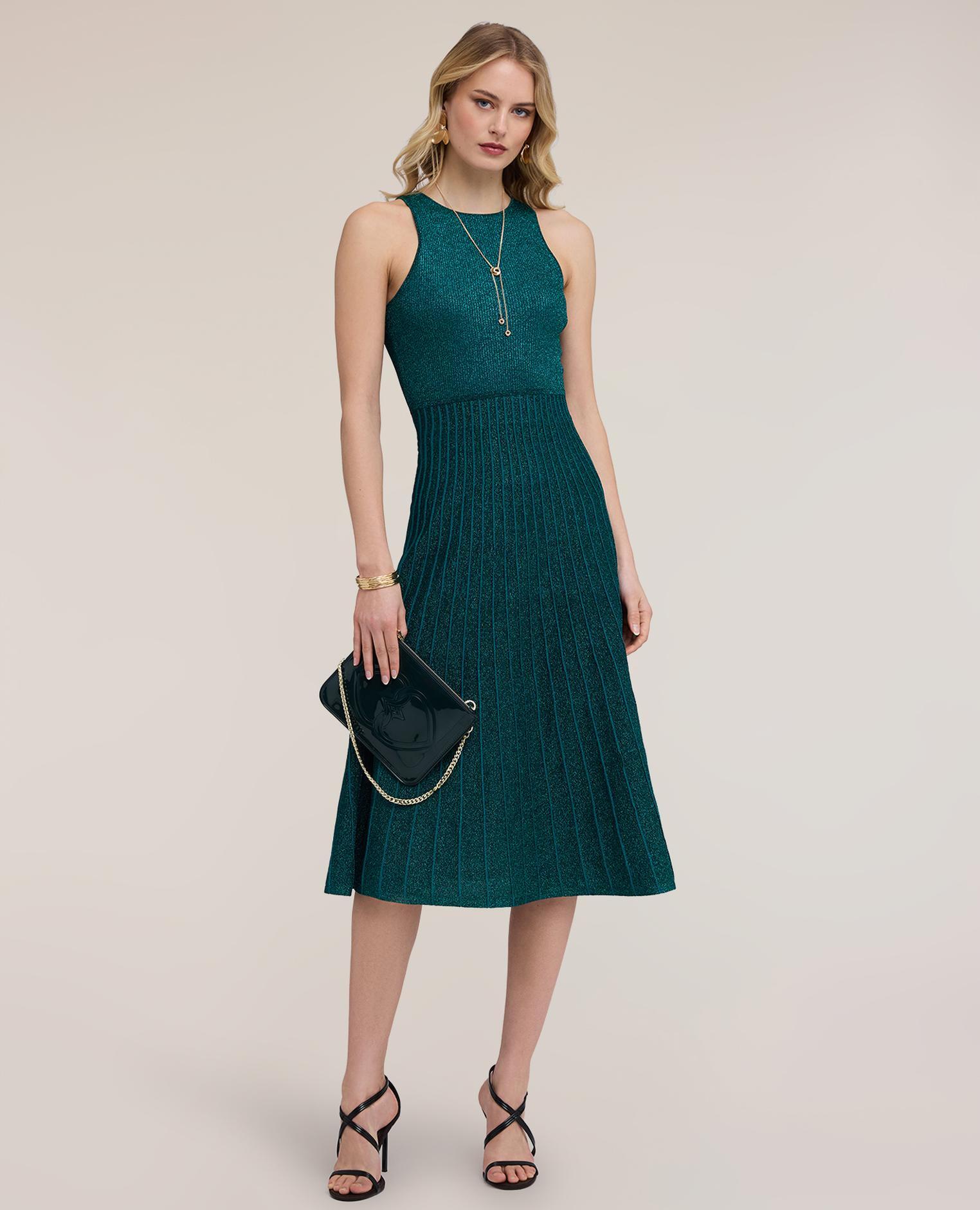 Vestido flare de punto plisado largo midi con falda acampanada y plisada - Motivi - Verde Verde-1