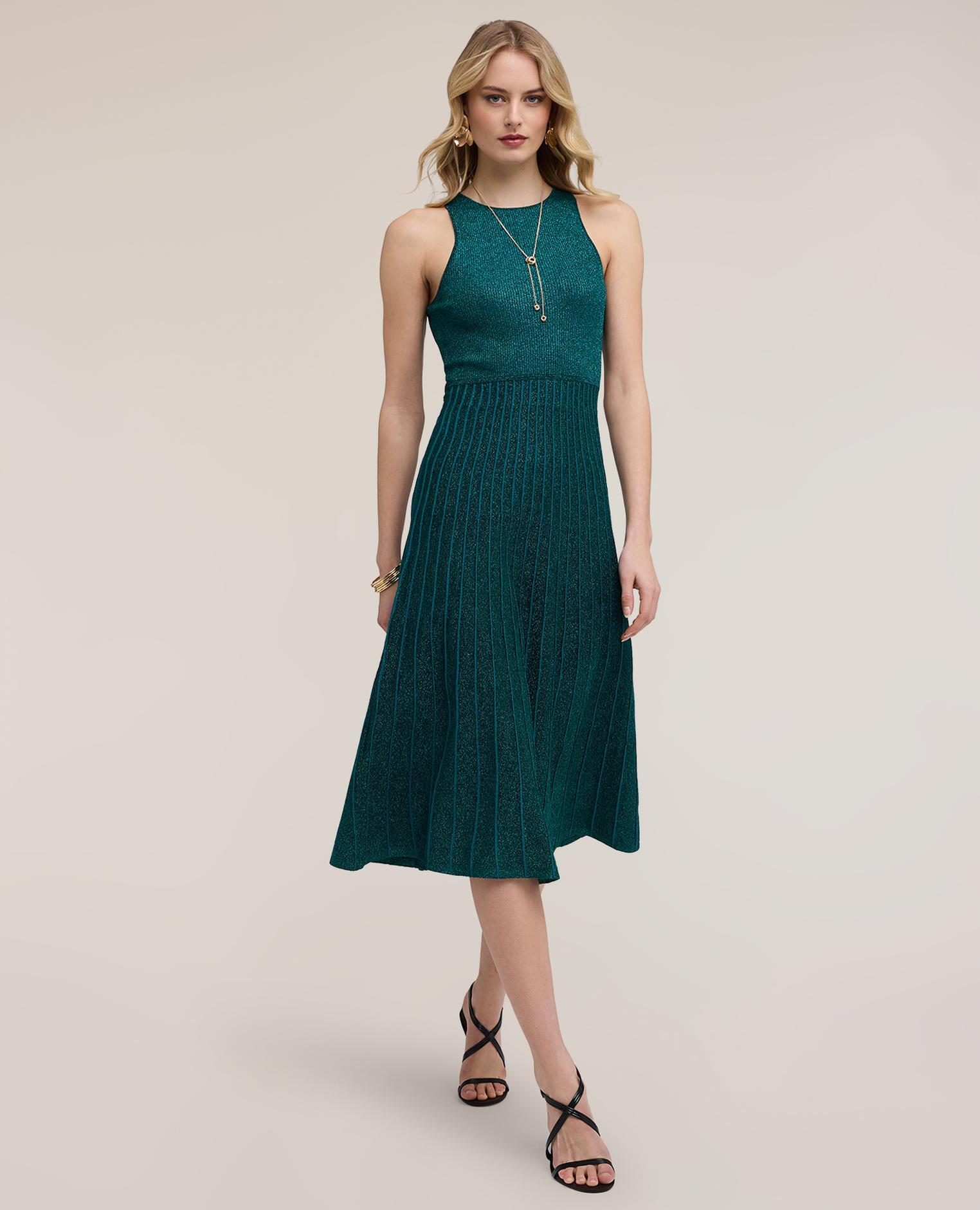 Vestido flare de punto plisado largo midi con falda acampanada y plisada - Motivi - Verde Verde-3