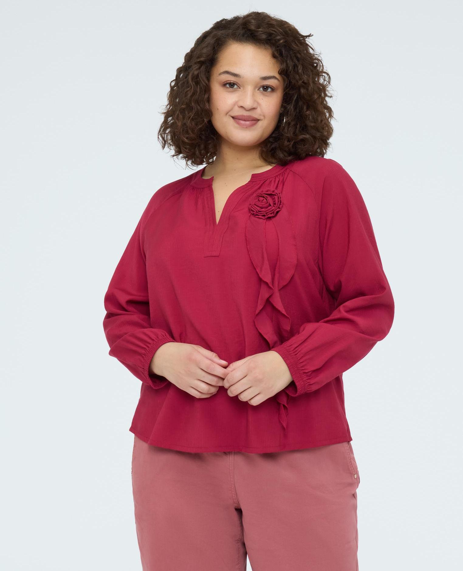 Blusa de mujer de viscosa con rosetón tejido efecto rayado - Fiorella Rubino - Burdeos Burdeos-1