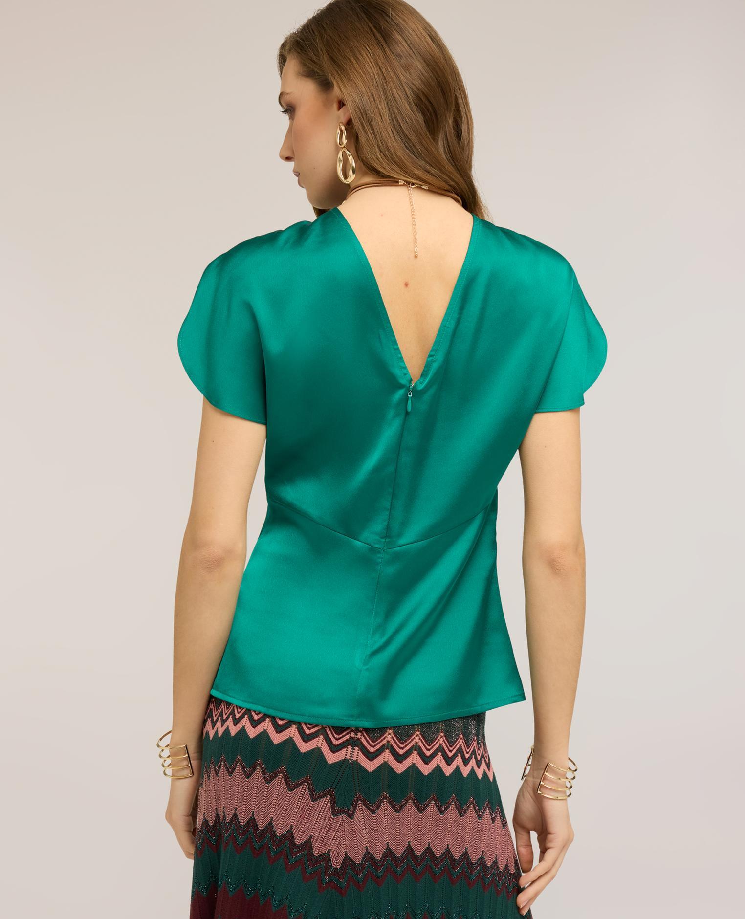 Blusa de mujer de satén con mangas de pétalo escote redondo con cierre de cremallera en la parte posterior - Motivi - Verde Verde-2