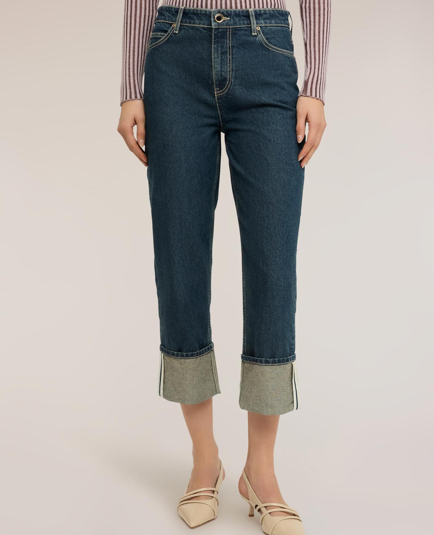 Vaqueros de mujer cropped con dobladillo ajuste regular con cintura alta - Motivi - Azul Azul-3