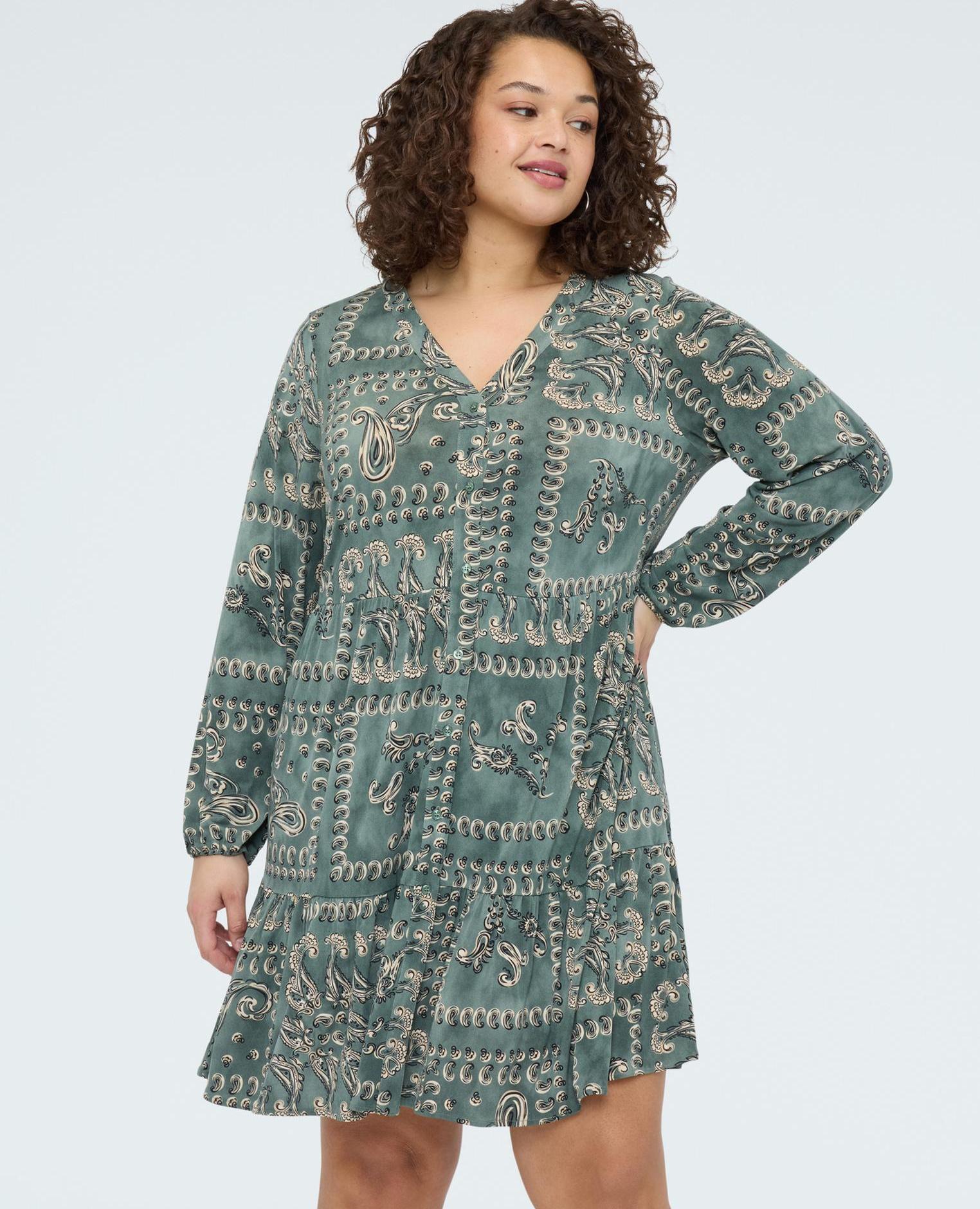 Vestido corto smile con estampado paisley manga larga - Fiorella Rubino - Verde claro Verde claro-1