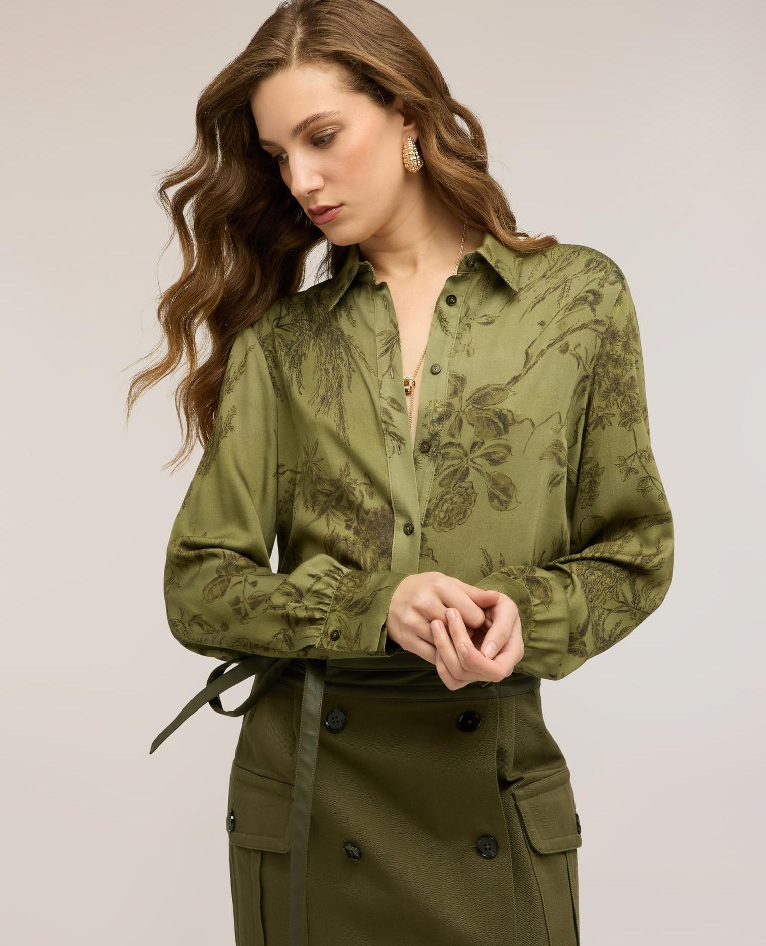 Motivi - Camisa de mujer de satén con estampado ajuste regular con cierre frontal de botones.