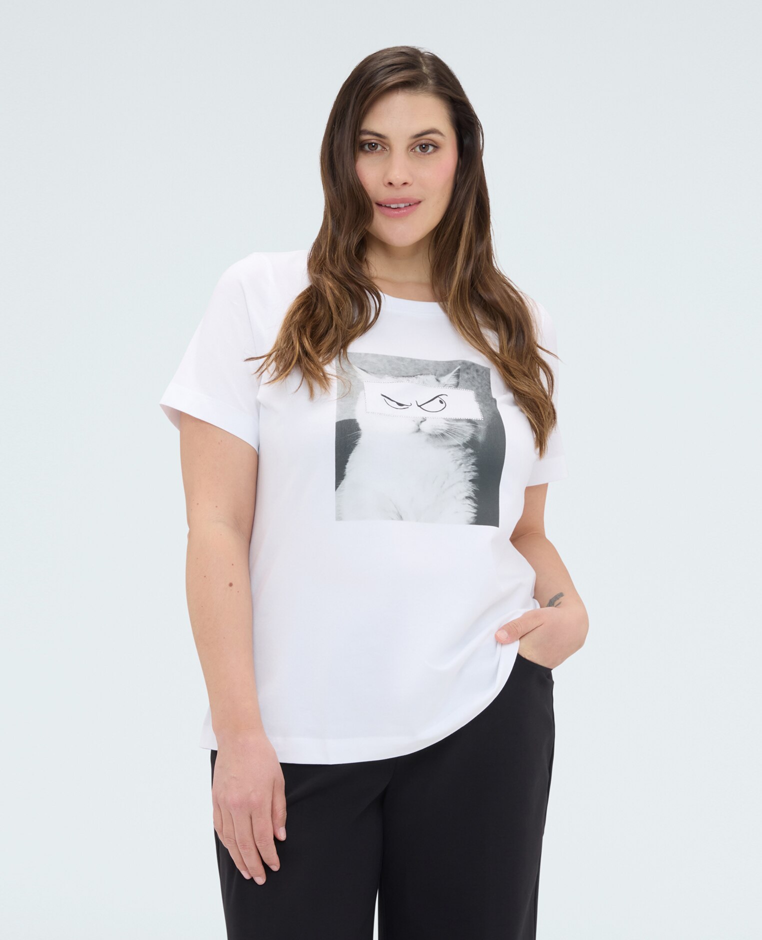 Camiseta de mujer de algodón con estampado de gato impresión fotográfica con aplicaciones luminosas - Fiorella Rubino - Blanco Blanco-1