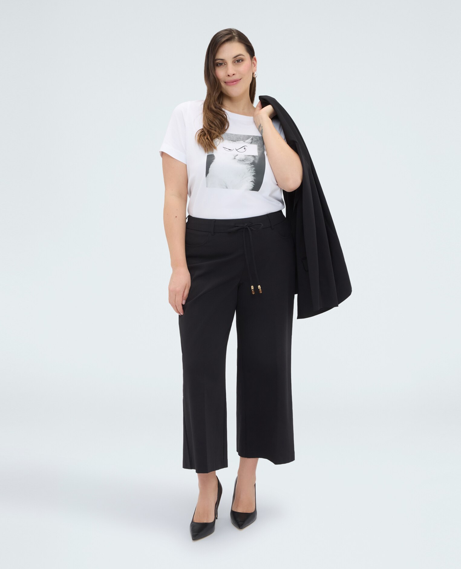 Camiseta de mujer de algodón con estampado de gato impresión fotográfica con aplicaciones luminosas - Fiorella Rubino - Blanco Blanco-3