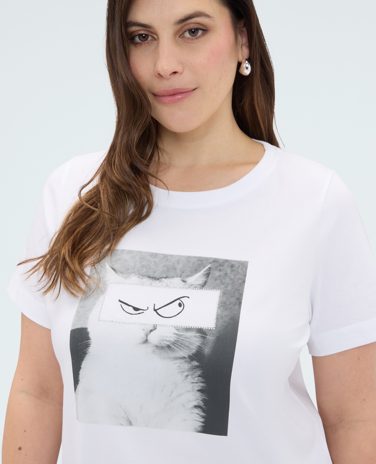 Camiseta de mujer de algodón con estampado de gato impresión fotográfica con aplicaciones luminosas - Fiorella Rubino - Blanco Blanco-4