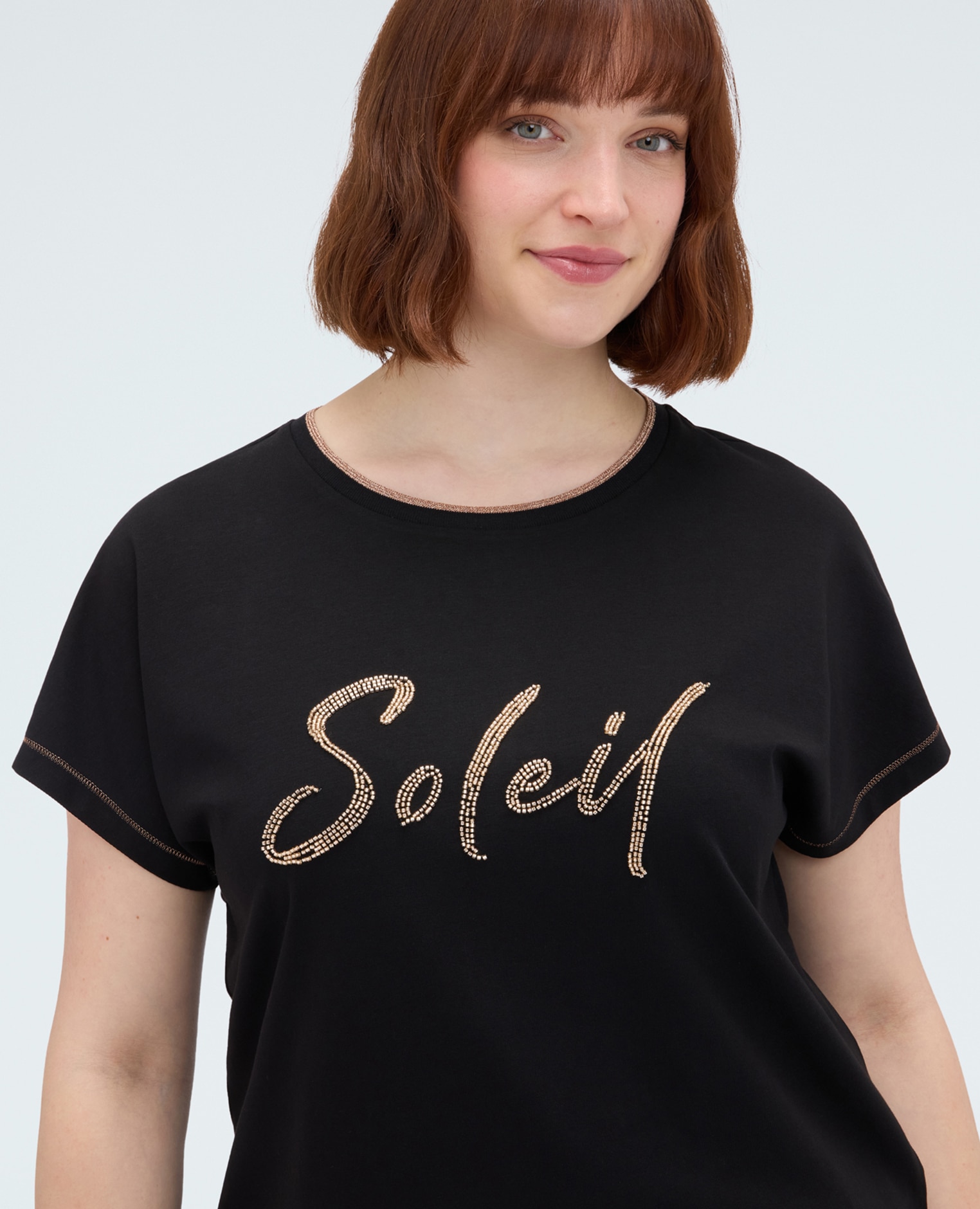 Camiseta de mujer de algodón con estampado soleil aplicación con inscripción "soleil" en la parte delantera - Fiorella Rubino - Negro Negro-4