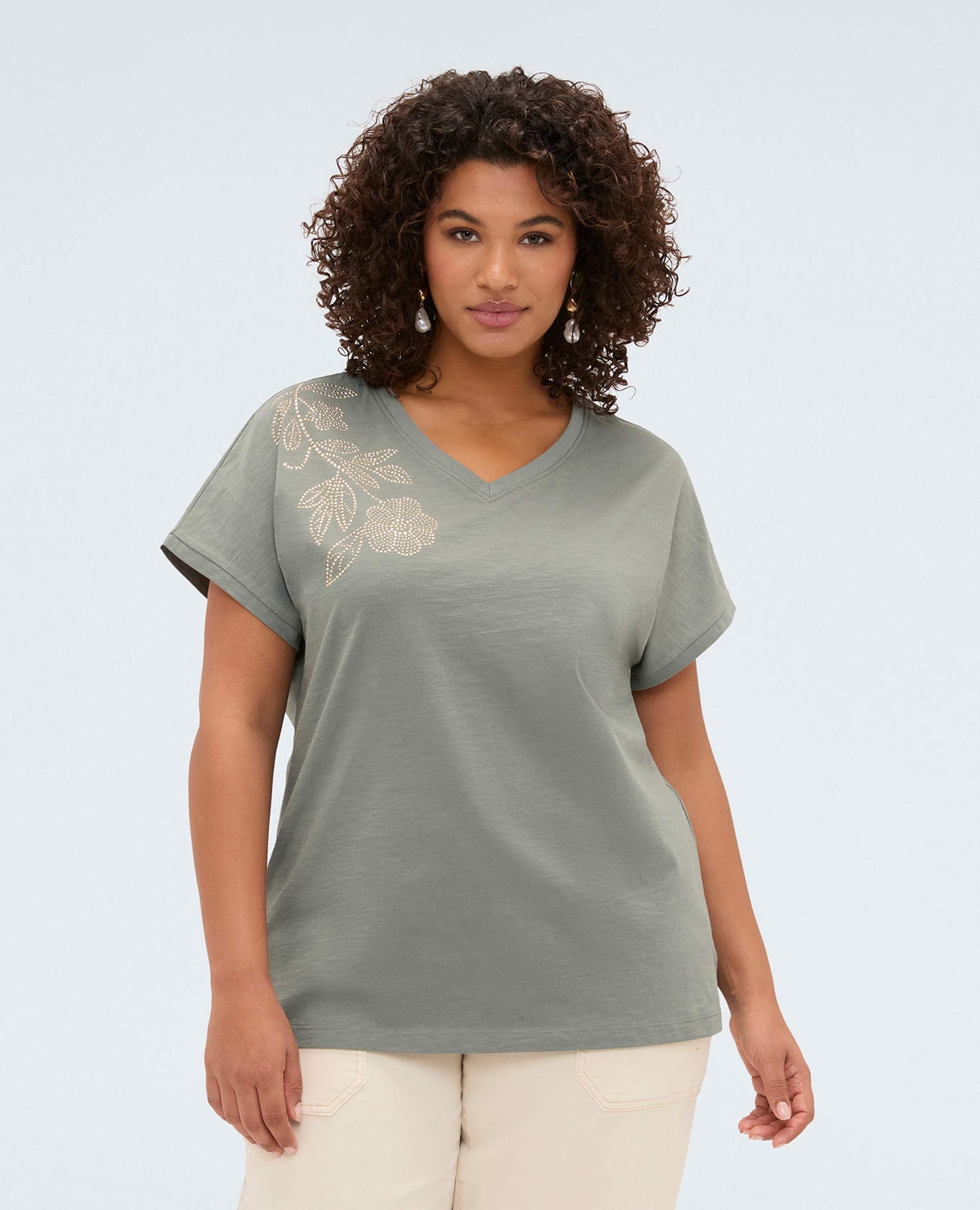 Camiseta de mujer de algodón con aplicación floral aplicaciones decorativas con motivo floral - Fiorella Rubino - Verde Verde-1