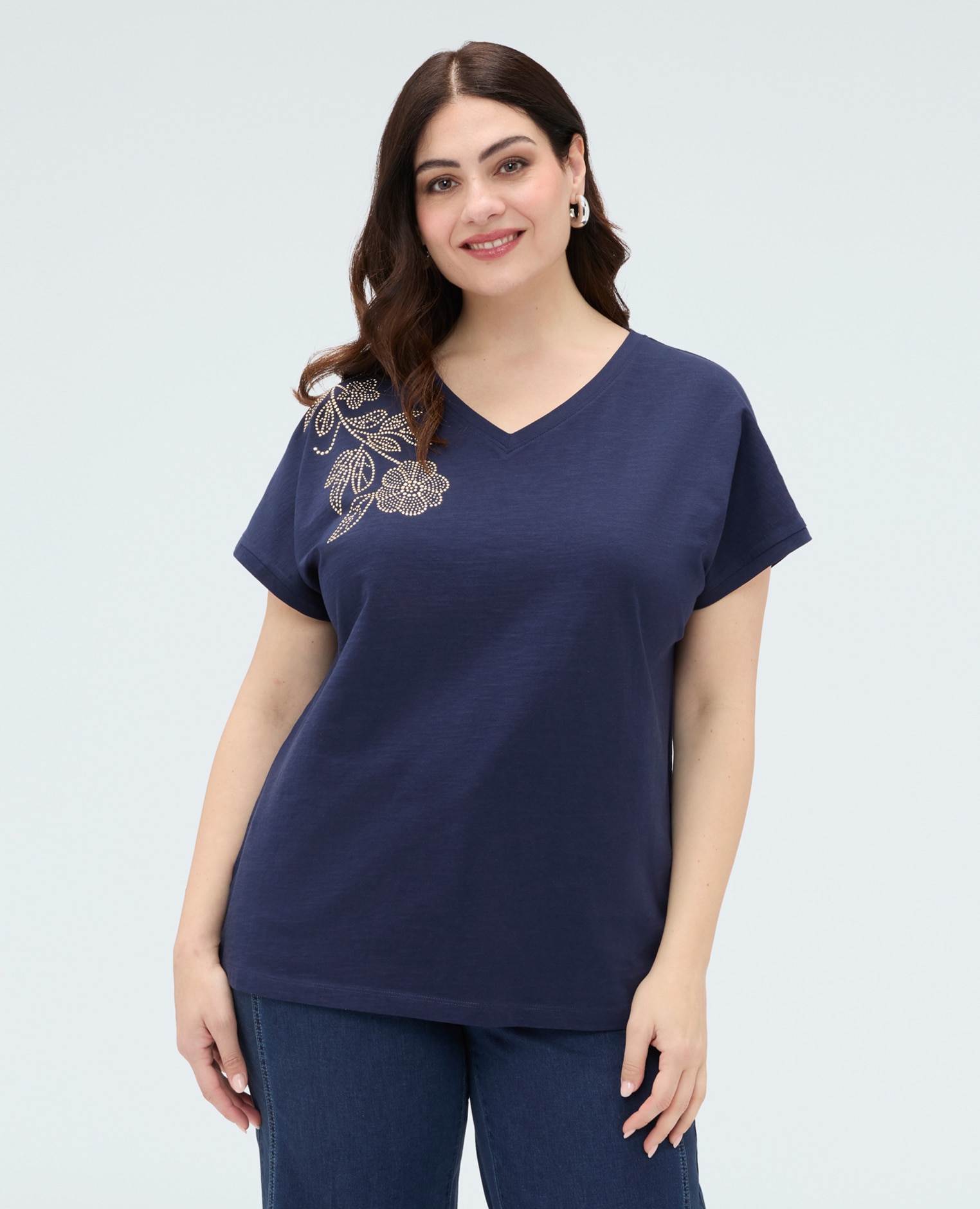 Camiseta de mujer de algodón con aplicación floral aplicaciones decorativas con motivo floral - Fiorella Rubino - Azul Azul-1