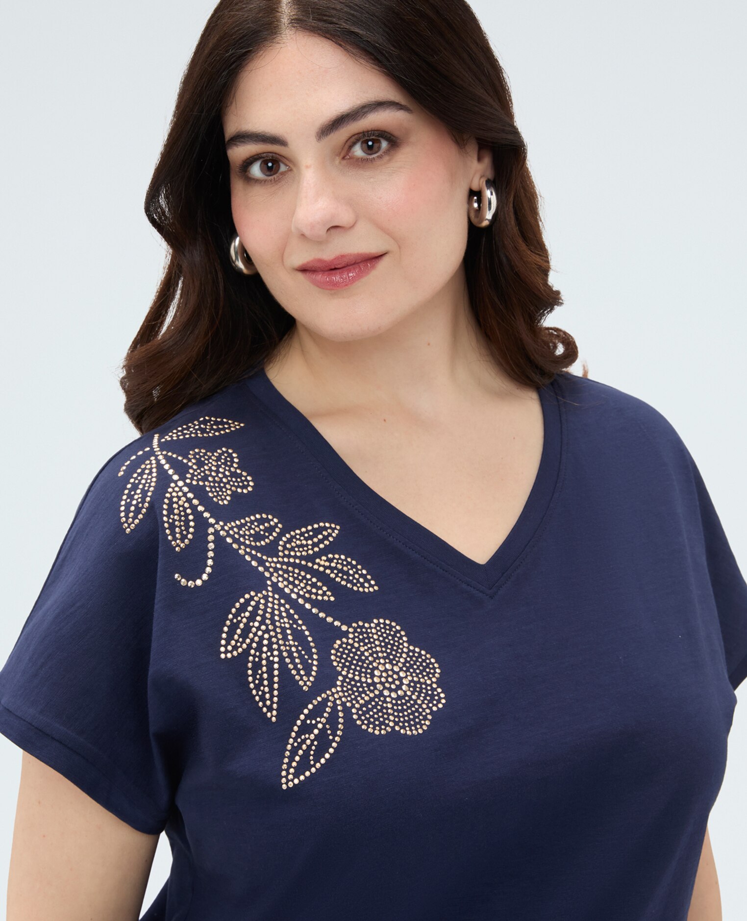 Camiseta de mujer de algodón con aplicación floral aplicaciones decorativas con motivo floral - Fiorella Rubino - Azul Azul-4