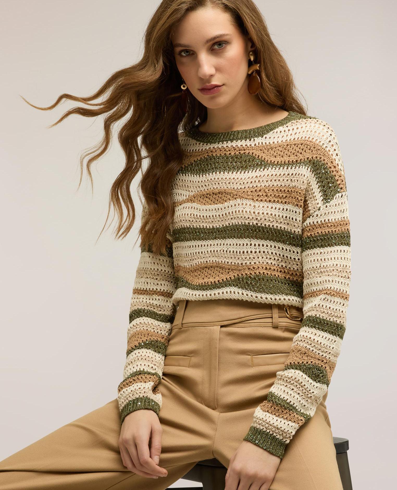 Jersey de mujer corto de rayas calado modelo corto con ajuste boxy - Motivi - Beige Beige-1