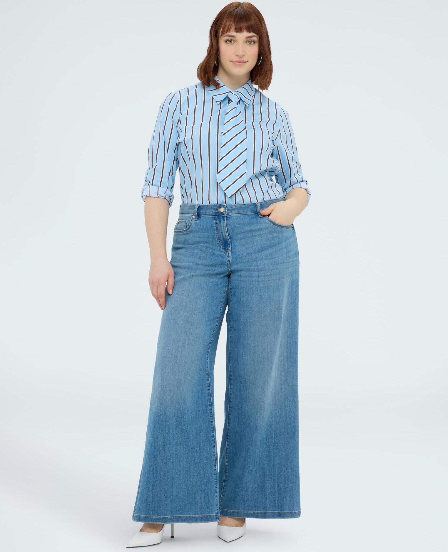 Camisa de mujer de rayas con corbatita mangas largas con puños y cierre con botones - Fiorella Rubino - Azul claro Azul claro-4