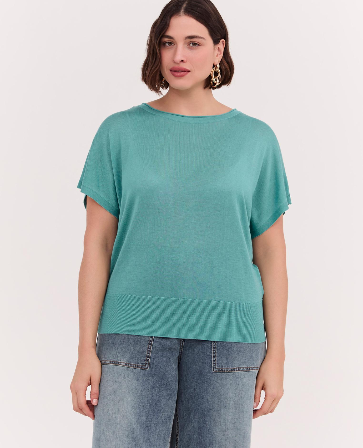 Camiseta de mujer de tencel de corte suave escote redondo mangas cortas tipo kimono - Fiorella Rubino - Verde Agua Verde Agua-1