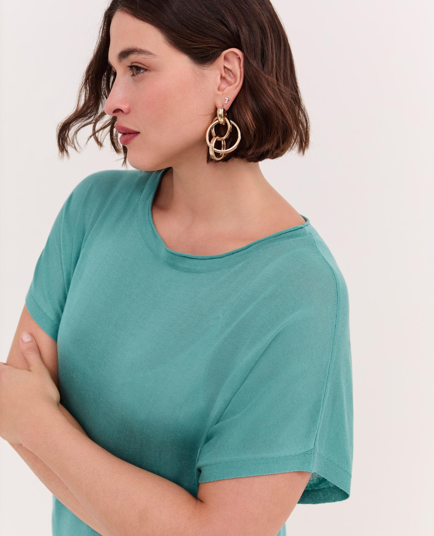 Camiseta de mujer de tencel de corte suave escote redondo mangas cortas tipo kimono - Fiorella Rubino - Verde Agua Verde Agua-3