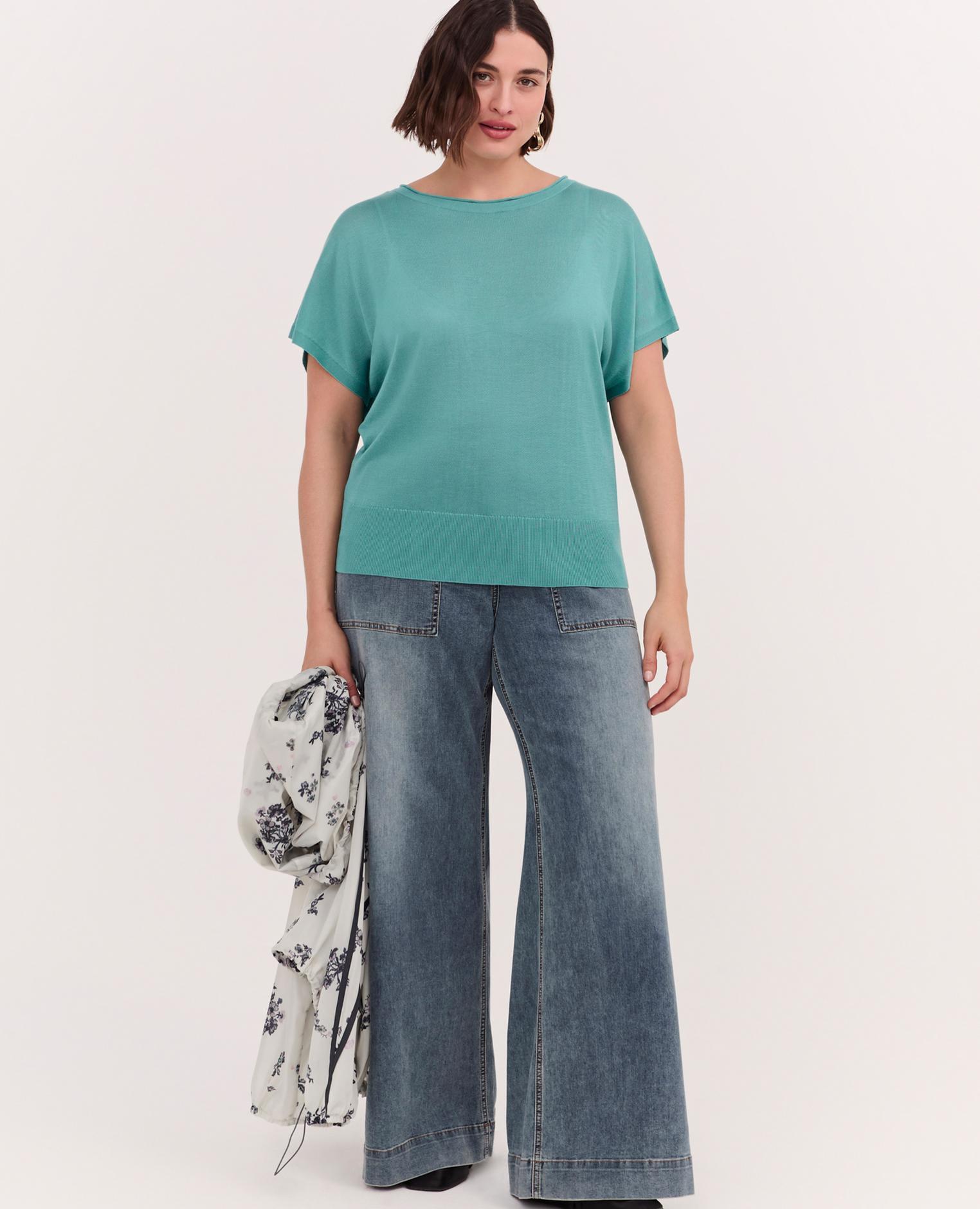 Camiseta de mujer de tencel de corte suave escote redondo mangas cortas tipo kimono - Fiorella Rubino - Verde Agua Verde Agua-4