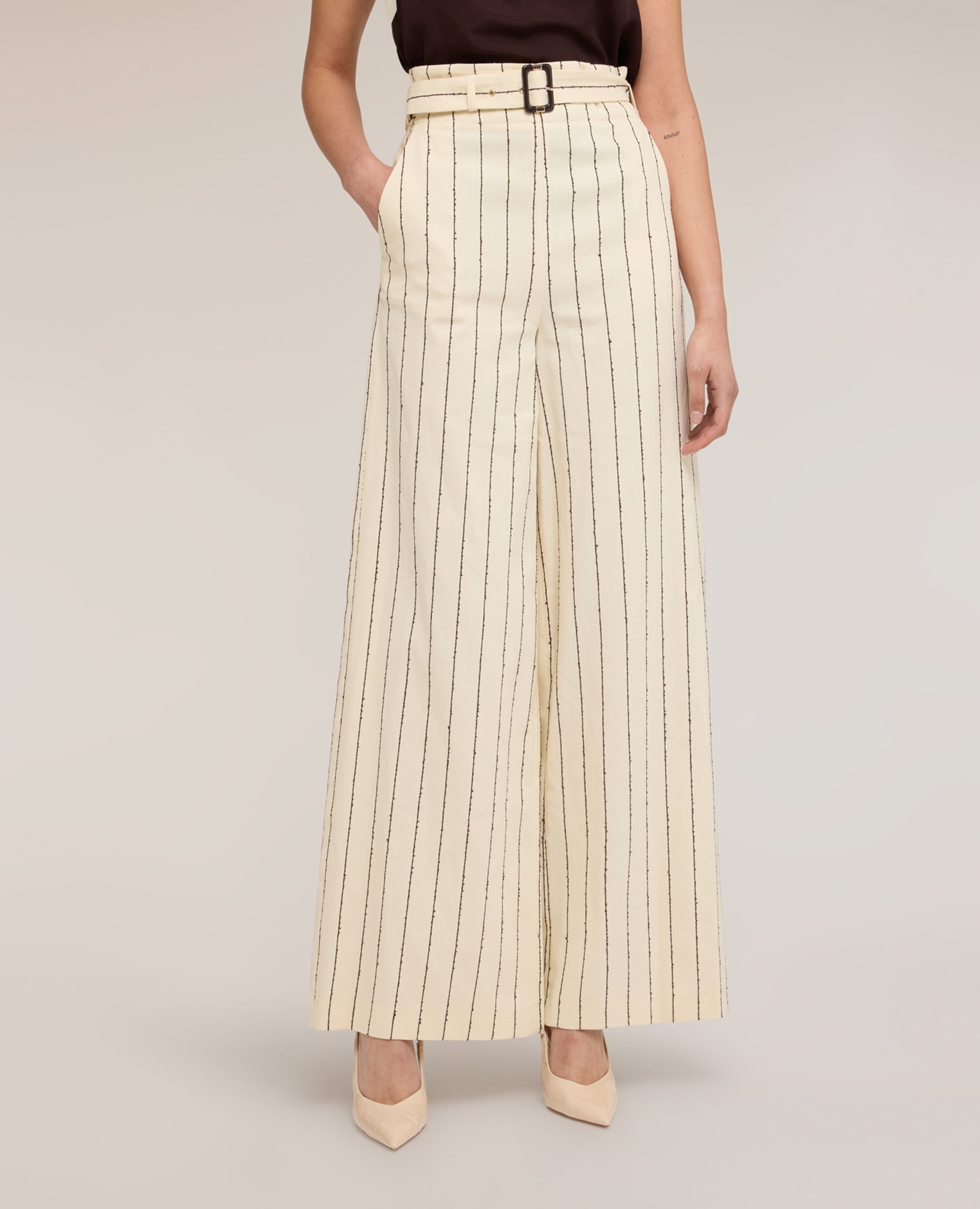 Pantalones de mujer palazzo de rayas diplomáticas the tailoring lab ajuste regular talle alto con cinturón en la cintura - Motivi - Beige Beige-1